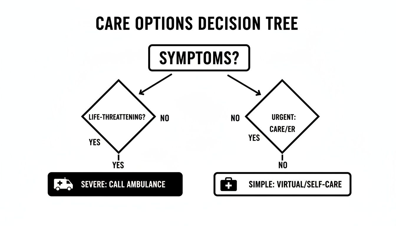 A medical decision tree helps choose care options based on symptom severity: ambulance, urgent care, or self-care.
