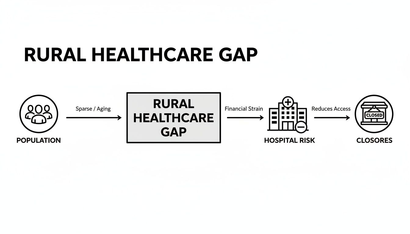 Flowchart illustrating the rural healthcare gap, showing population factors leading to hospital risk and closures.