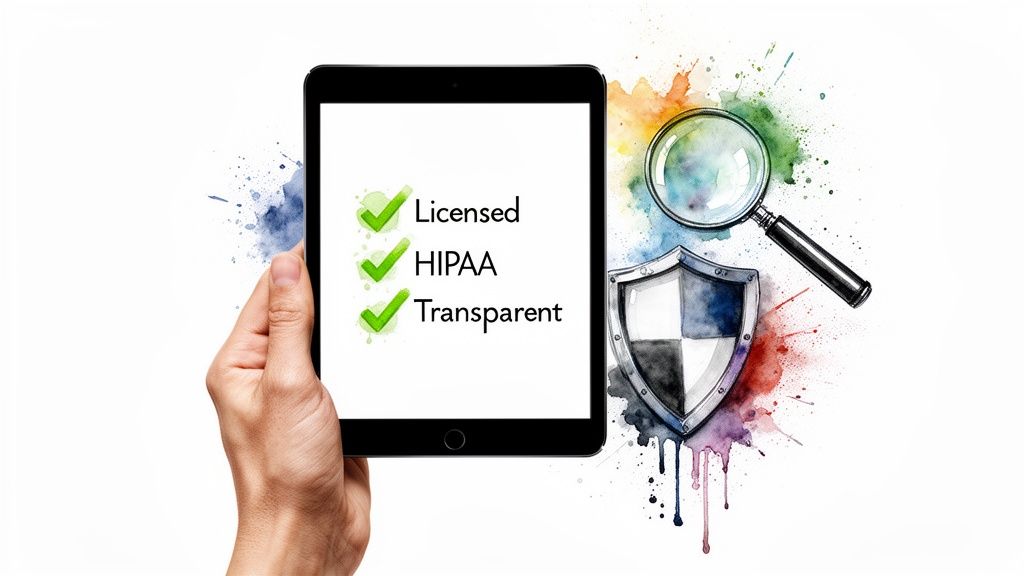 Hand holding a tablet displaying 'Licensed', 'HIPAA', 'Transparent' with checkmarks, symbolizing secure and compliant services.