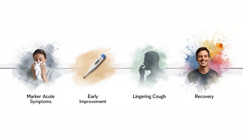 Visual timeline of illness progression showing acute symptoms, early improvement, lingering cough, and recovery.