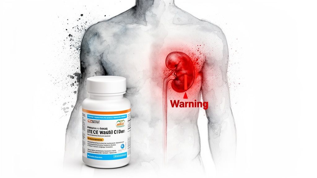 A human torso with a highlighted red kidney and 'Warning' text, alongside a bottle of UTE CE medication for urinary issues.