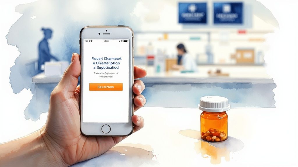 A hand holds a smartphone displaying an e-prescription app, with a pill bottle and blurred pharmacy background.