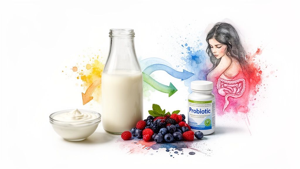 Illustration of gut health with milk, yogurt, berries, probiotics, and a woman's digestive system.