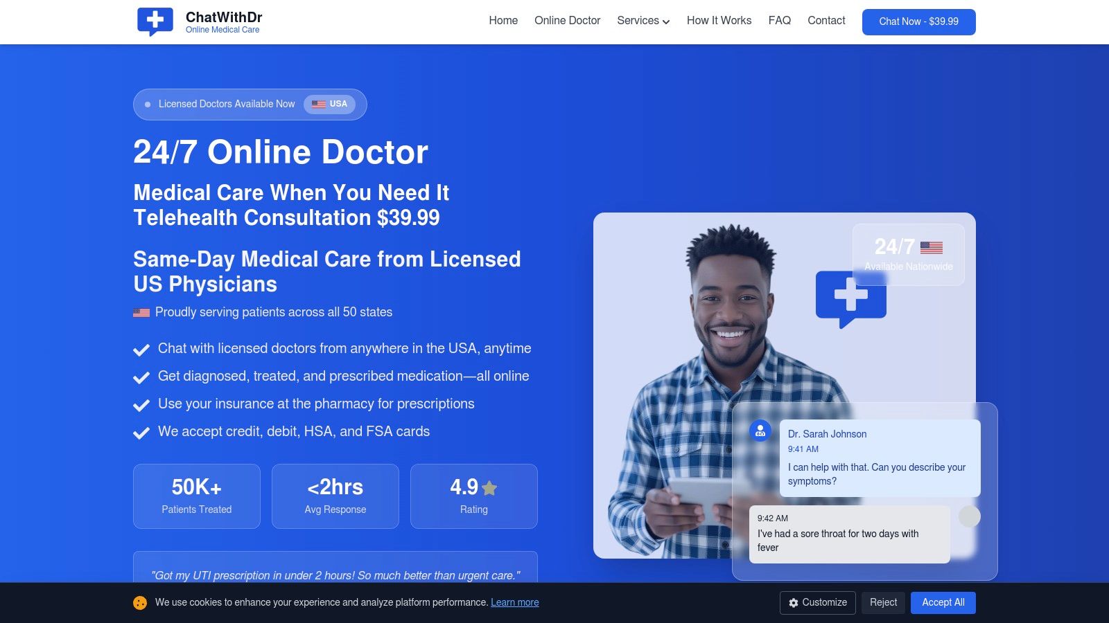 A collage of a doctor on a video call and someone using a laptop, representing telemedicine services from ChatWithDr.