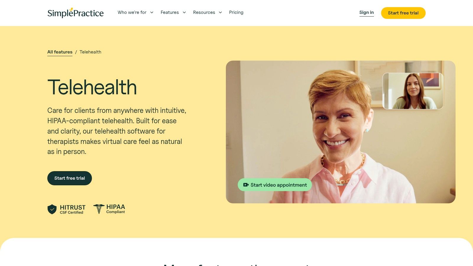 SimplePractice — Telehealth offers integrated tools like screen sharing and a whiteboard during sessions.