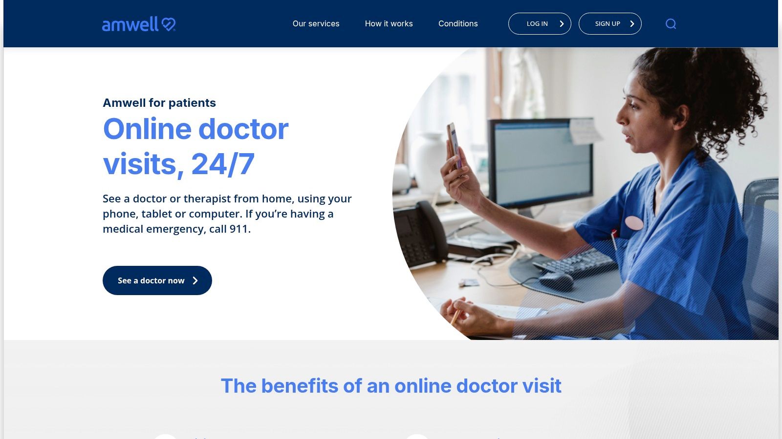 Amwell offers on-demand virtual visits with doctors, therapists, and specialists.