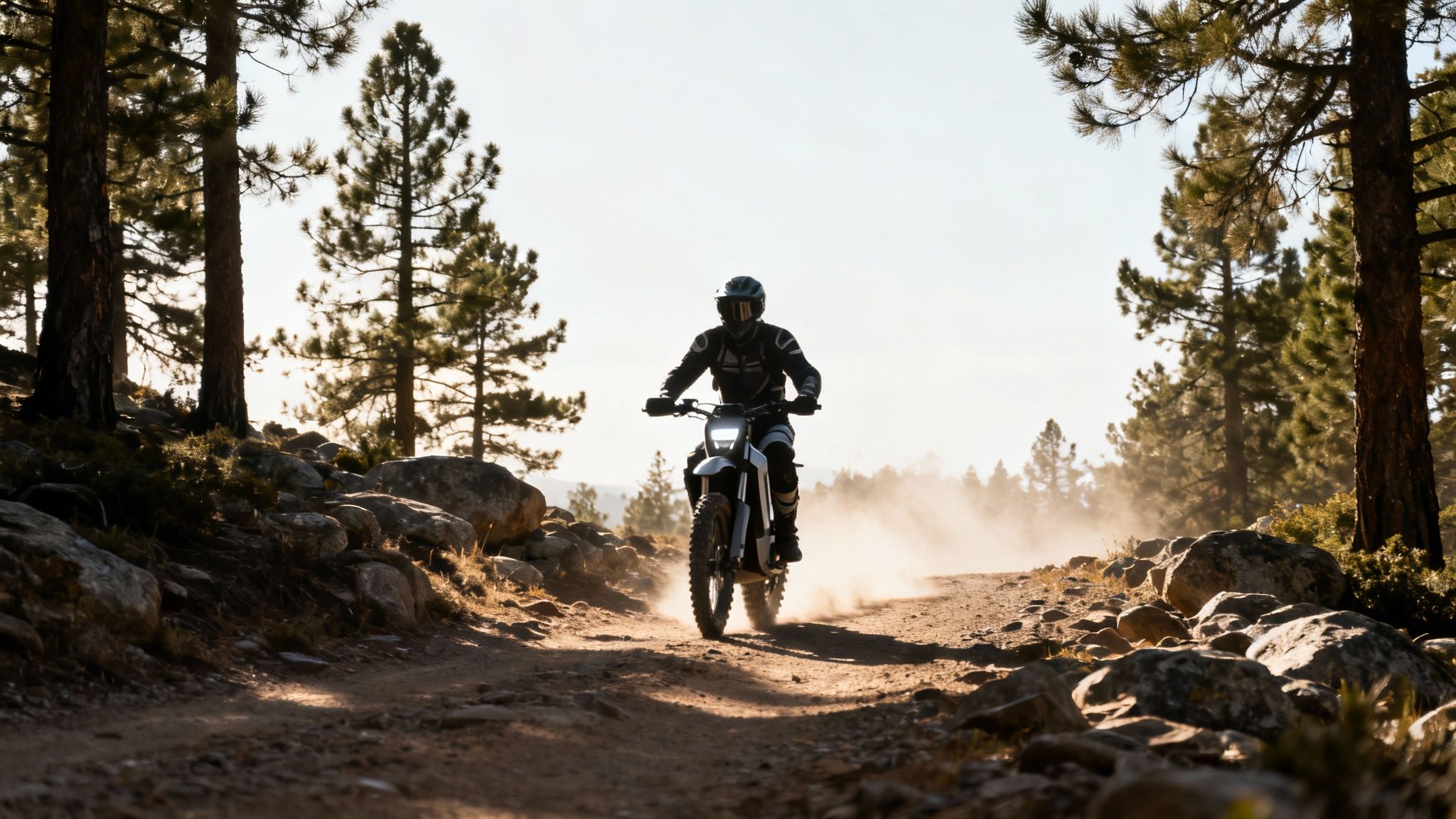 רוכב אופנוע שטח חשמלי על שביל עפר מאובק בין עצי אורן, באור שקיעה יפהפה.