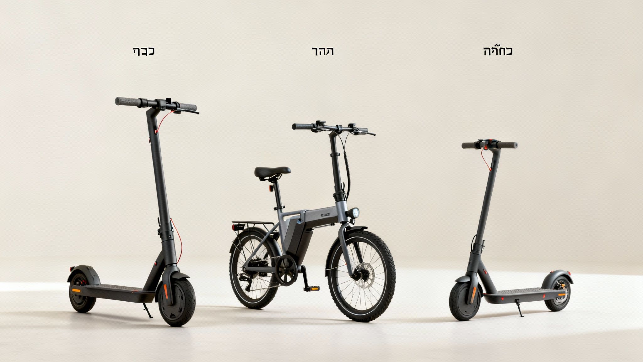 שלושה כלי רכב חשמליים בצבע אפור-שחור: שני קורקינטים ואופניים מתקפלים. אידיאלי לנסיעות עירוניות.