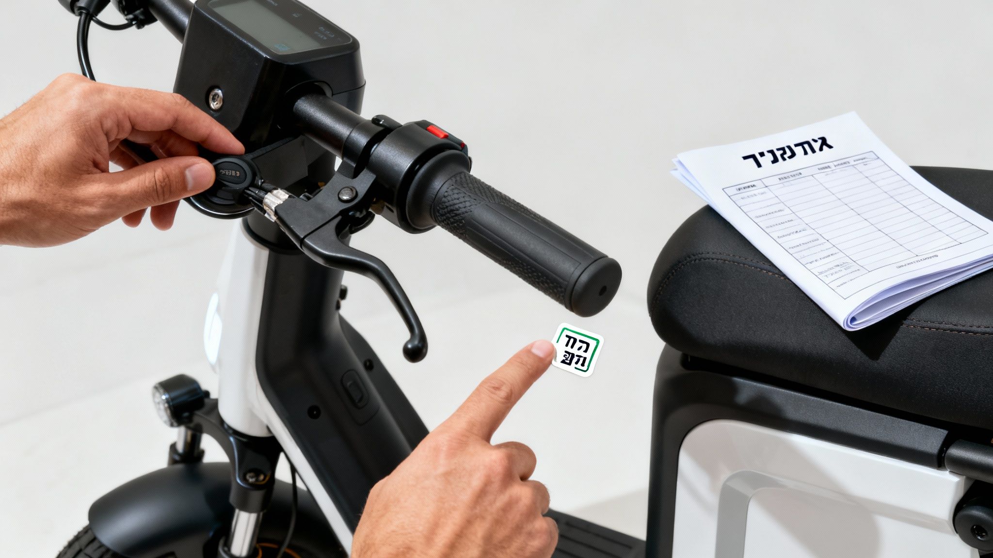 ידיים מכניסות מפתח לקטנוע חשמלי לבן, עם מדבקה ומסמכים על המושב.