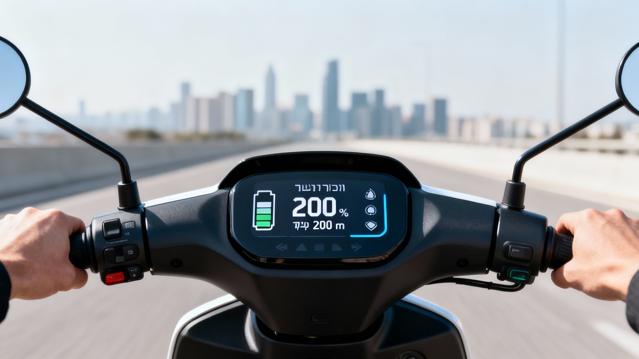 מבט מגוף ראשון על אדם רוכב על קטנוע חשמלי, מציג לוח מחוונים דיגיטלי עם סוללה 200% וטווח 200 מטר, ועיר ברקע.