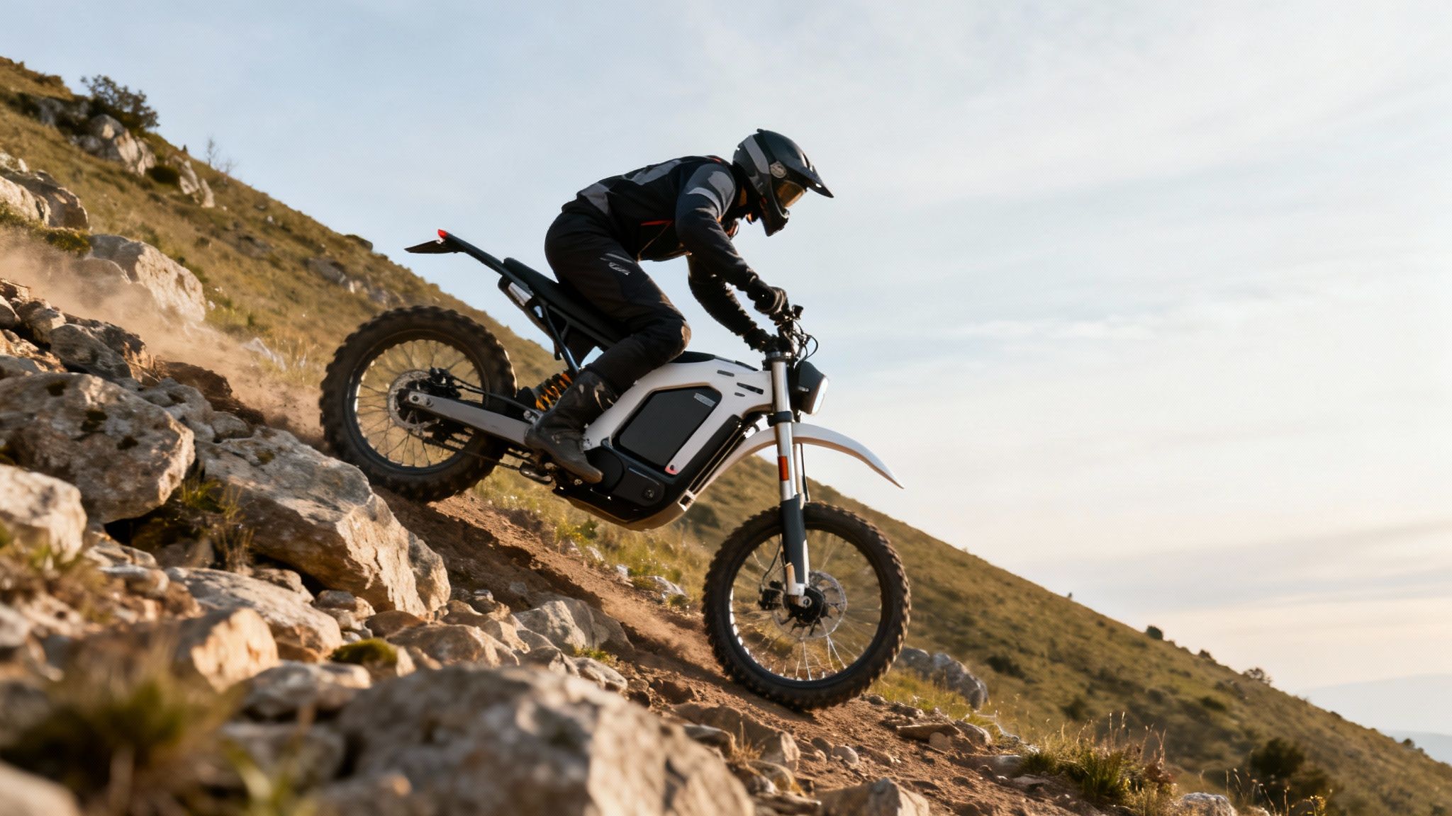 אדם רוכב על אופנוע שטח חשמלי לבן במעלה שביל הררי סלעי, מעלה אבק בשעת שקיעה.