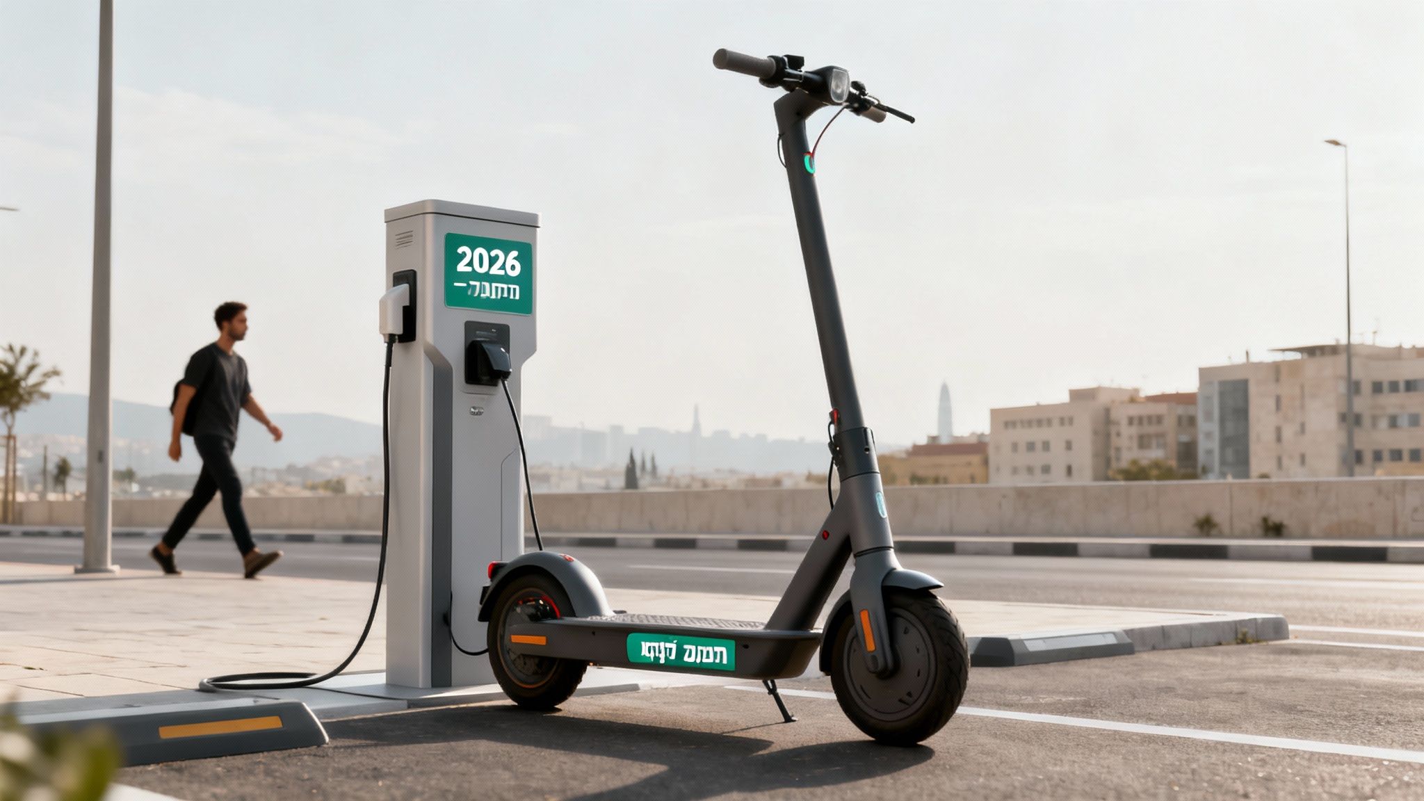 קטנוע חשמלי נטען בתחנת טעינה חיצונית, עם אדם הולך ברקע ועיר מודרנית.