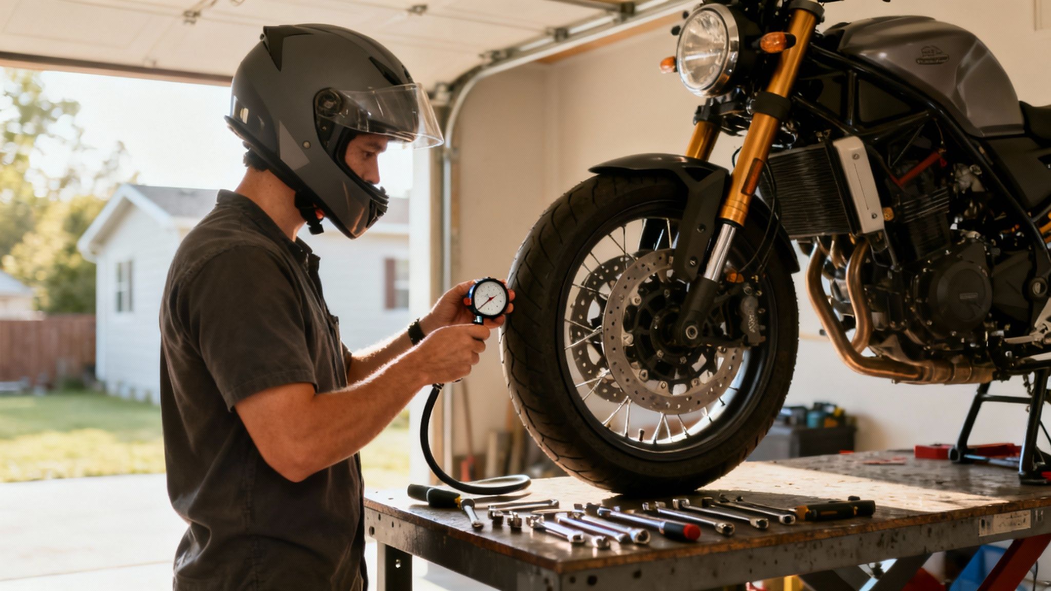 גבר חובש קסדה בודק לחץ אוויר בצמיג של אופנוע במוסך ביתי מואר.