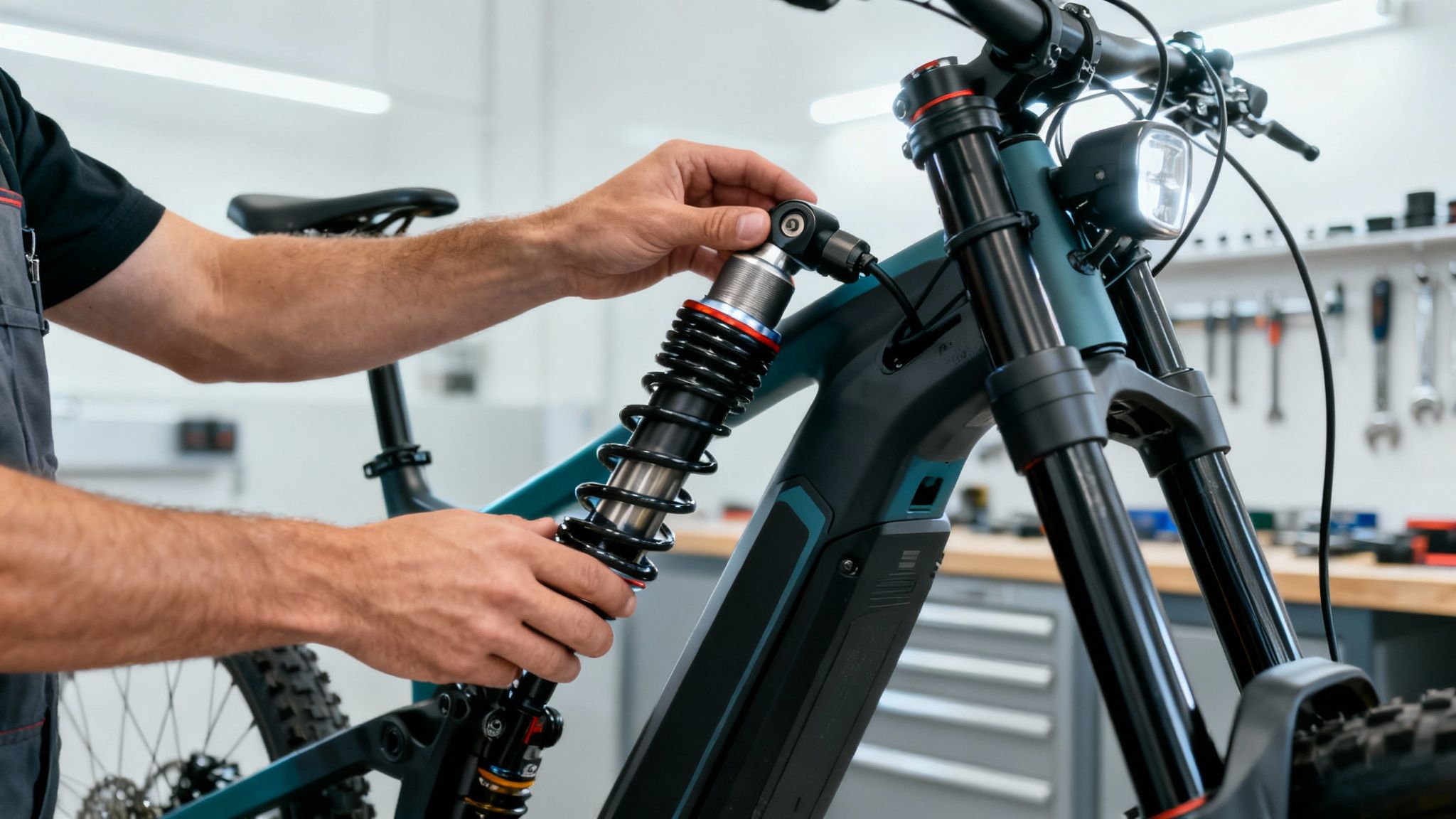 אדם מתקן או מכוונן בולם זעזועים אחורי של אופניים חשמליים במוסך מודרני.