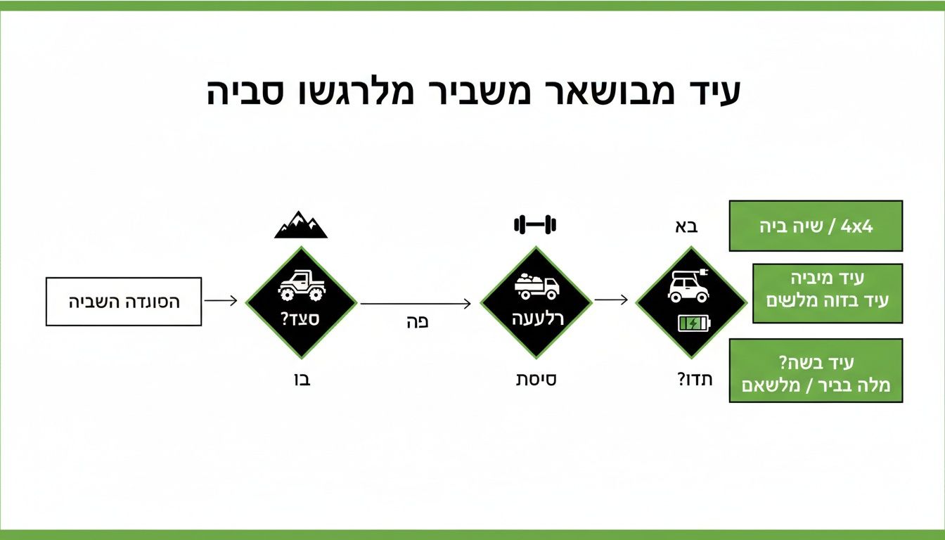 תרשים זרימה המתאר שלבי שימוש ברכב חשמלי תפעולי, כולל נסיעת שטח, העמסה וטעינה.