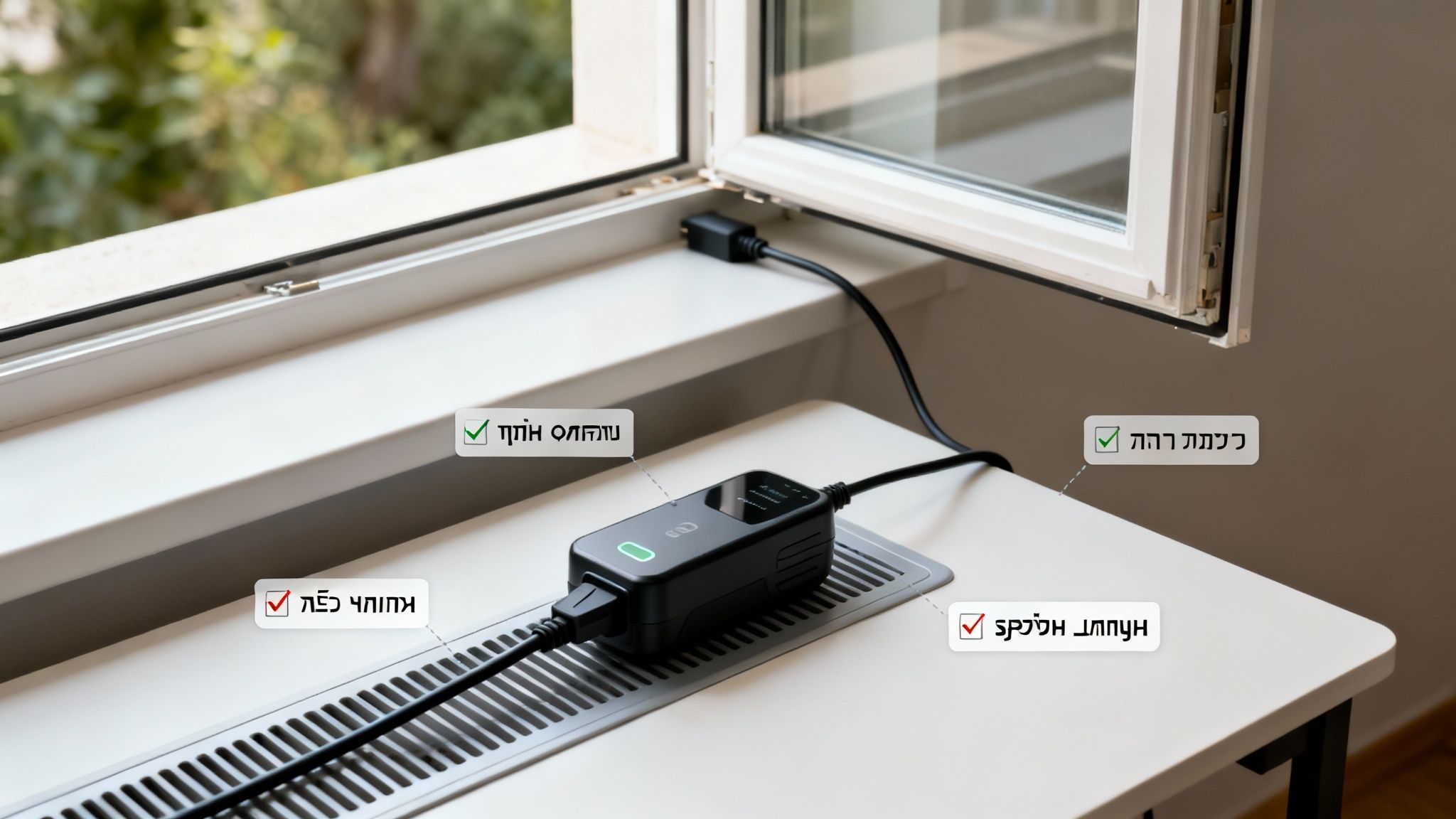 מטען שחור מחובר לכבלים מונח על אדן חלון, עם חלון פתוח וצמחייה בחוץ.