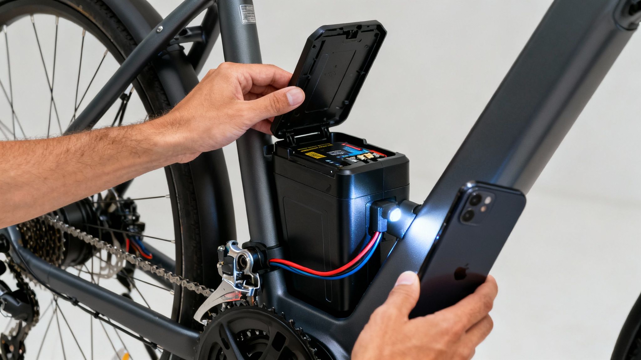 ידיים פותחות תא סוללה של אופניים חשמליים כהים, טלפון נייד ליד תאורה לבנה. 