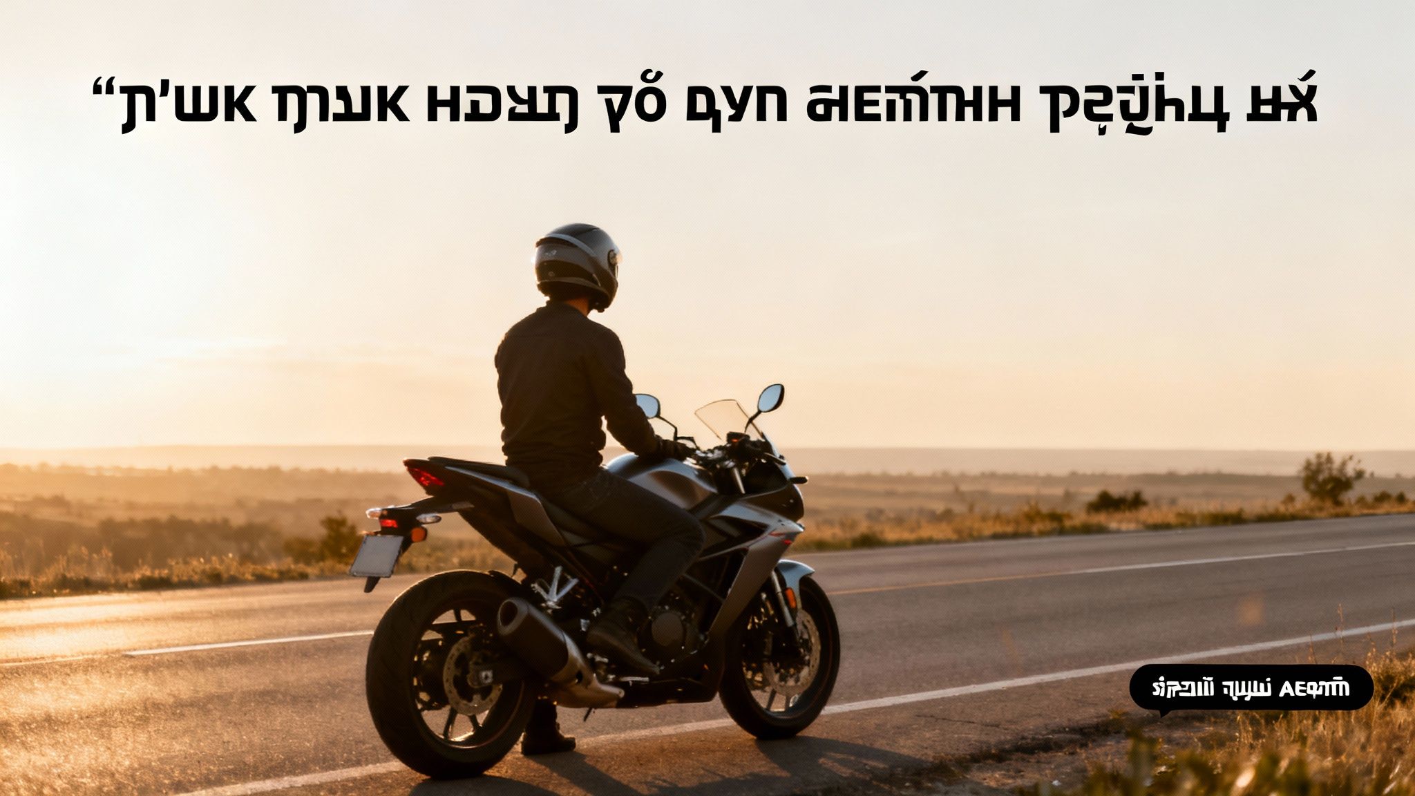 רוכב אופנוע יושב על האופנוע בכביש נוף מרהיב בשקיעה, מסתכל אל האופק.