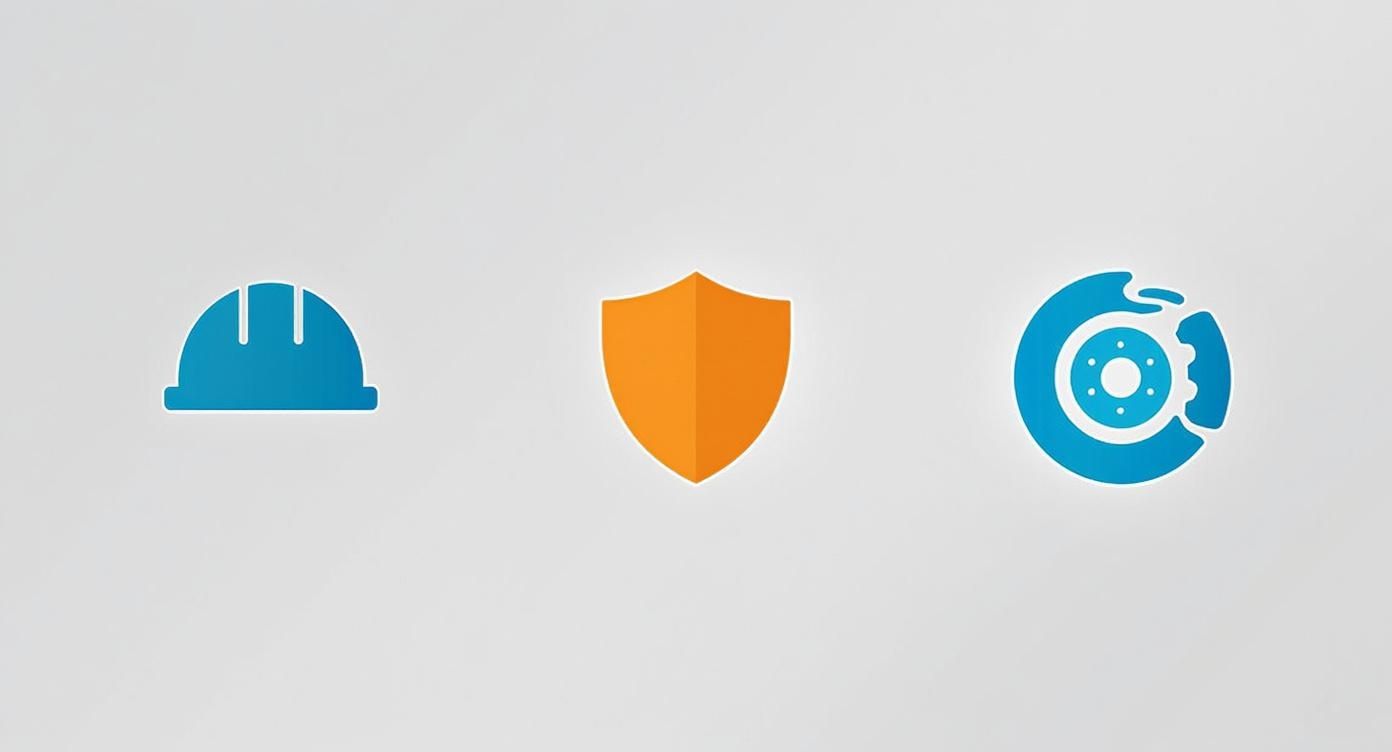 שלושה אייקונים המייצגים בטיחות וחלקי רכב: קסדת מגן כחולה, מגן כתום ודיסק בלם כחול.