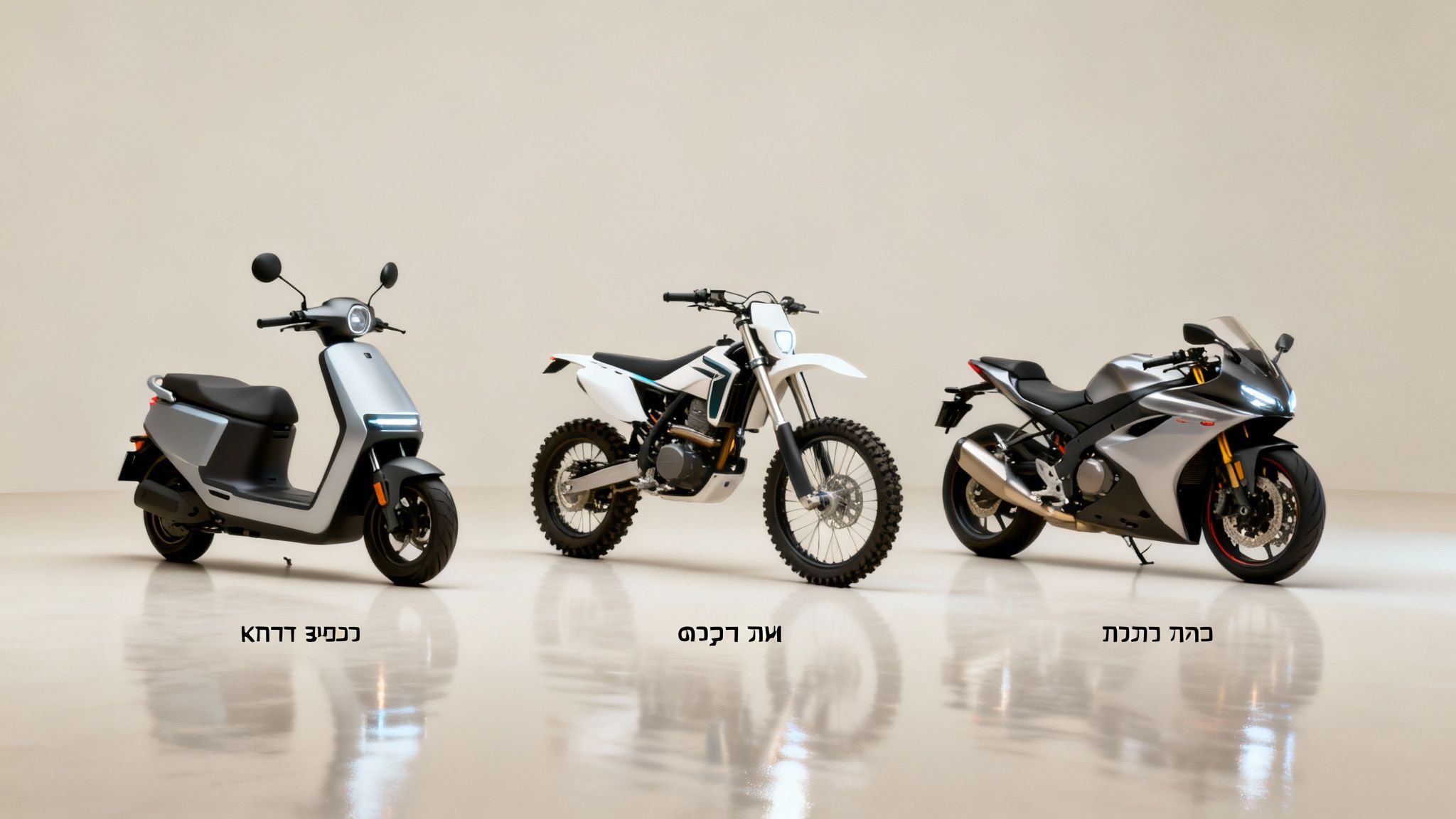 שלושה אופנועים חשמליים: קטנוע, אופנוע שטח ואופנוע ספורט, על רקע בהיר ומודרני.