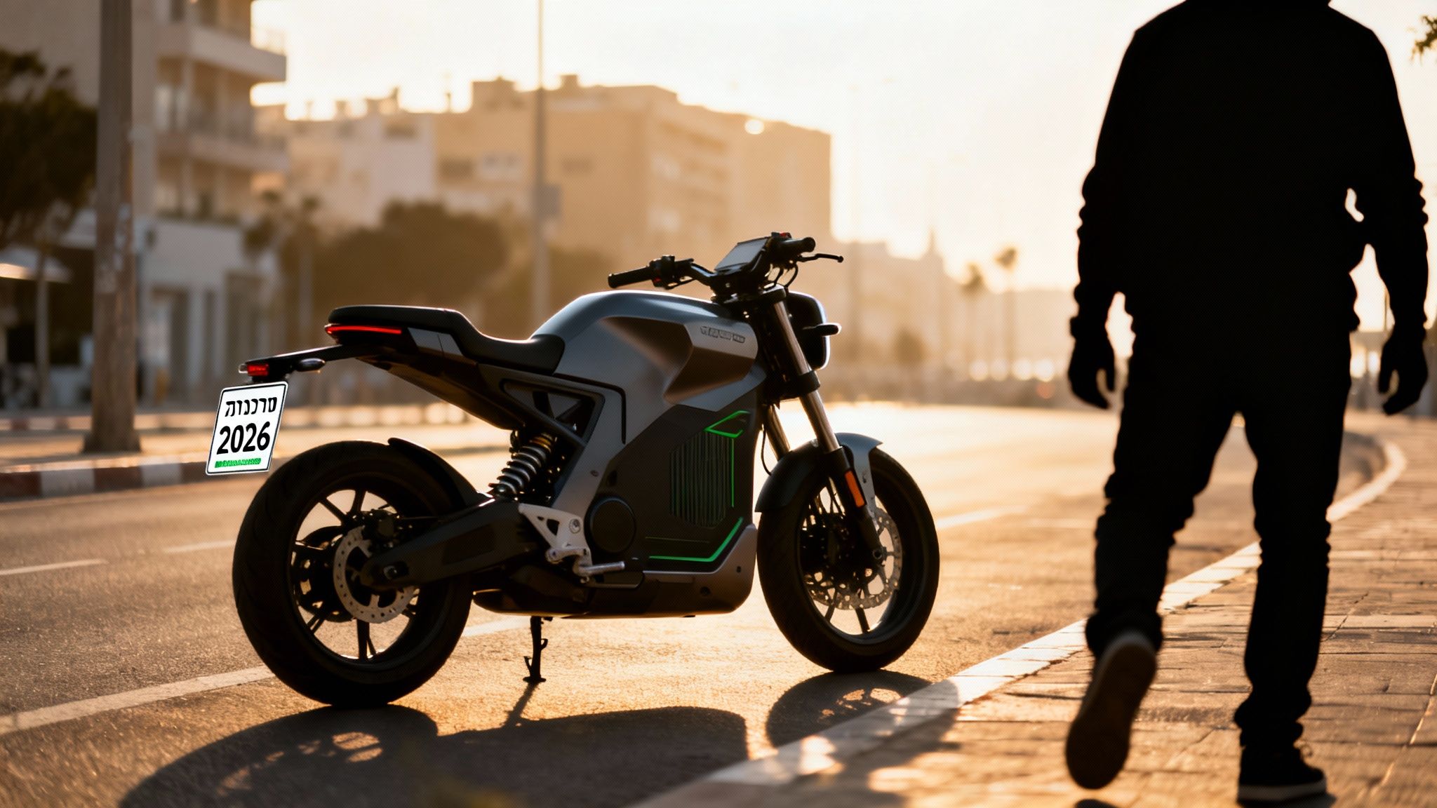 אופנוע חשמלי מודרני חונה ברחוב עירוני שטוף שמש, עם דמות אדם בצללית על המדרכה.