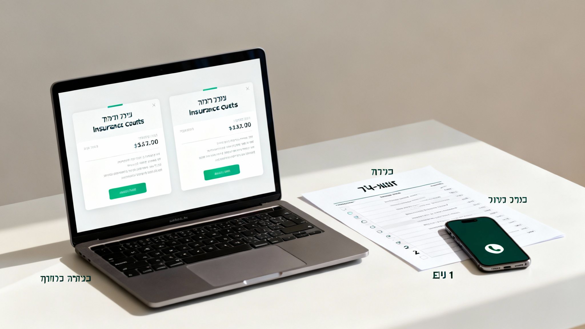 מחשב נייד מציג השוואת ביטוחי חובה, מסמכים ומכשיר סלולרי על שולחן לבן.