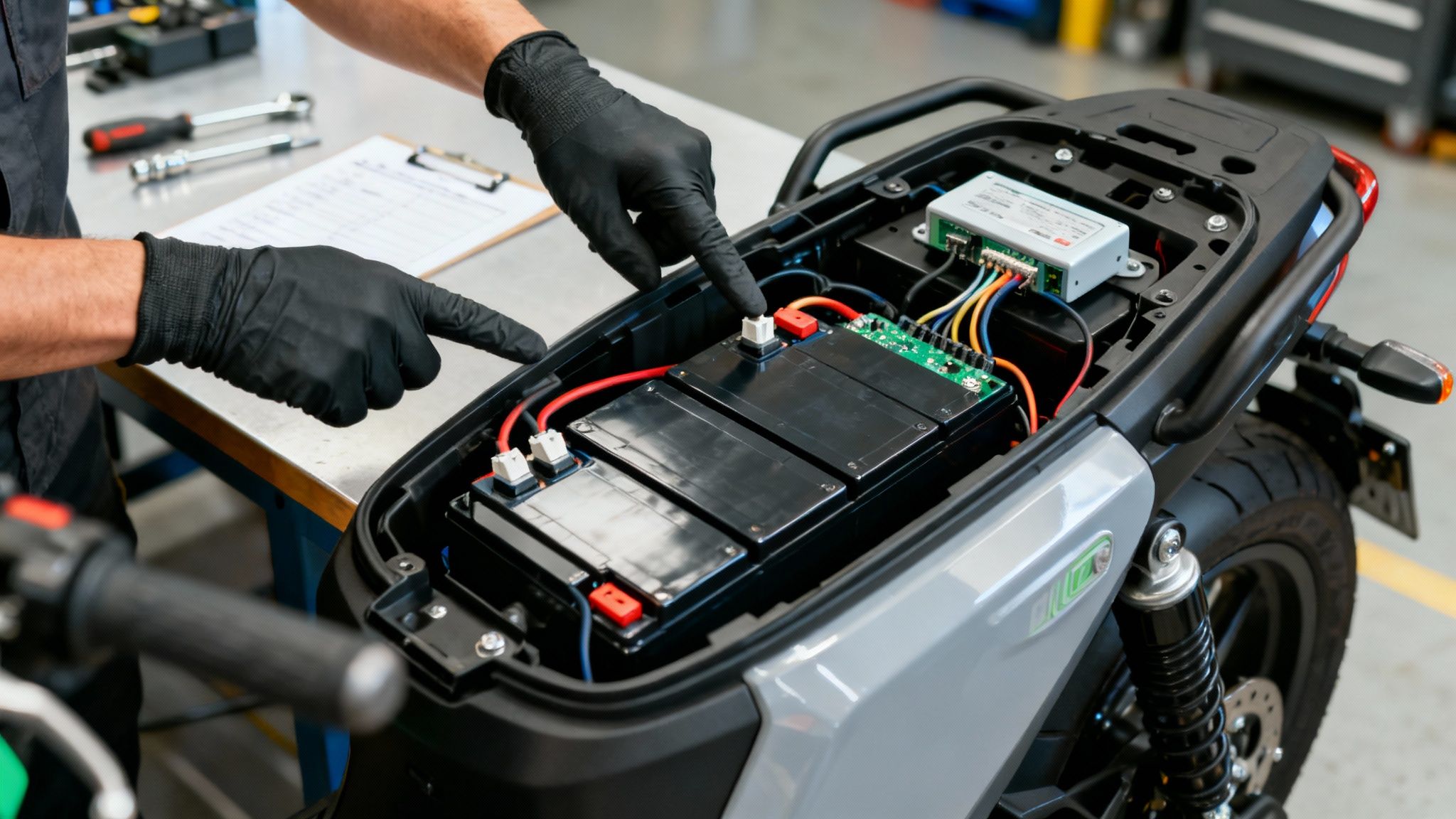 אדם בכפפות שחורות בודק את תא הסוללות והחיווט של אופנוע חשמלי.