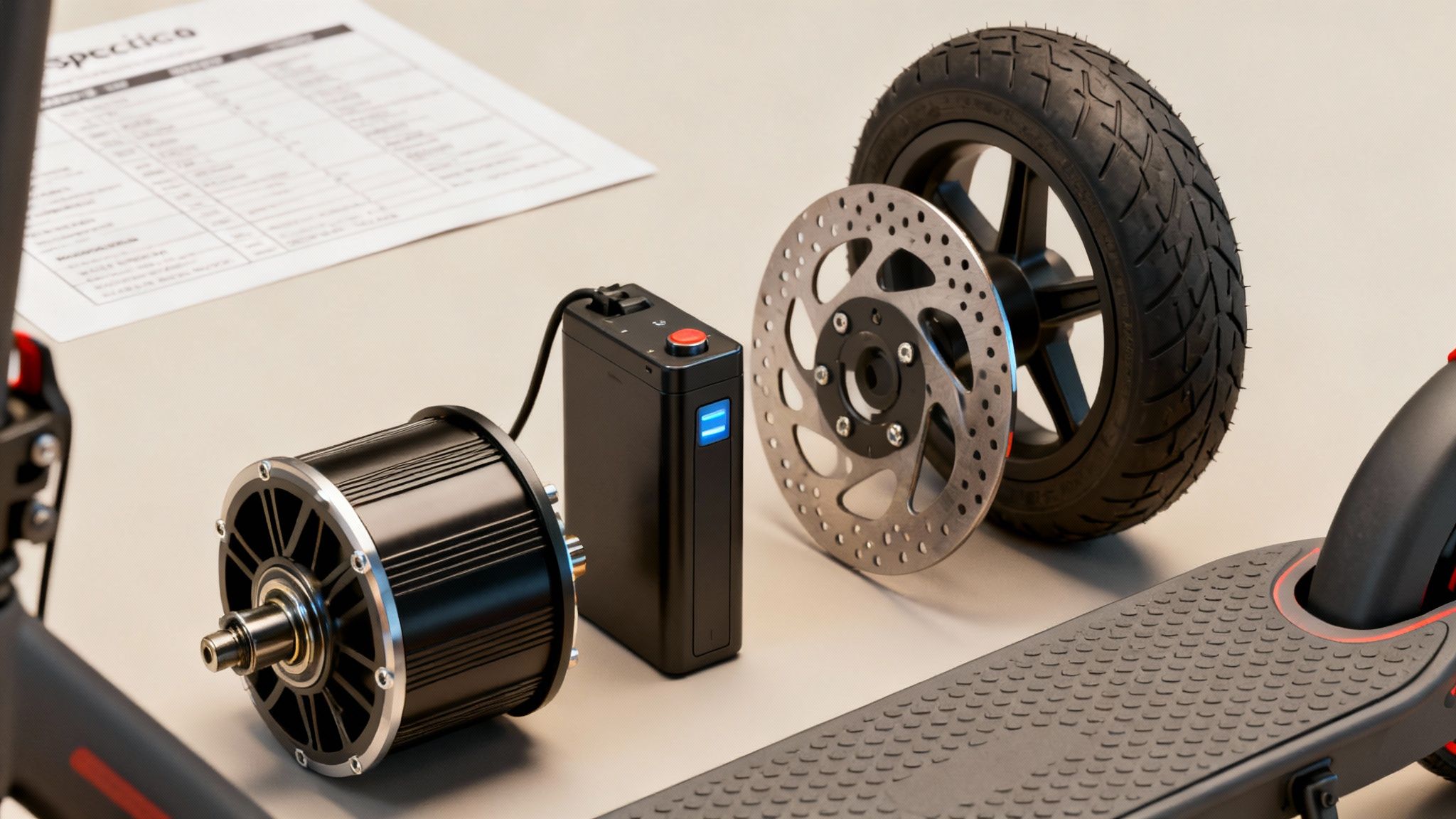 חלקי קורקינט חשמלי מפורקים: מנוע, סוללה, גלגל עם דיסק בלם ומשטח עמידה, על רקע מסמך.
