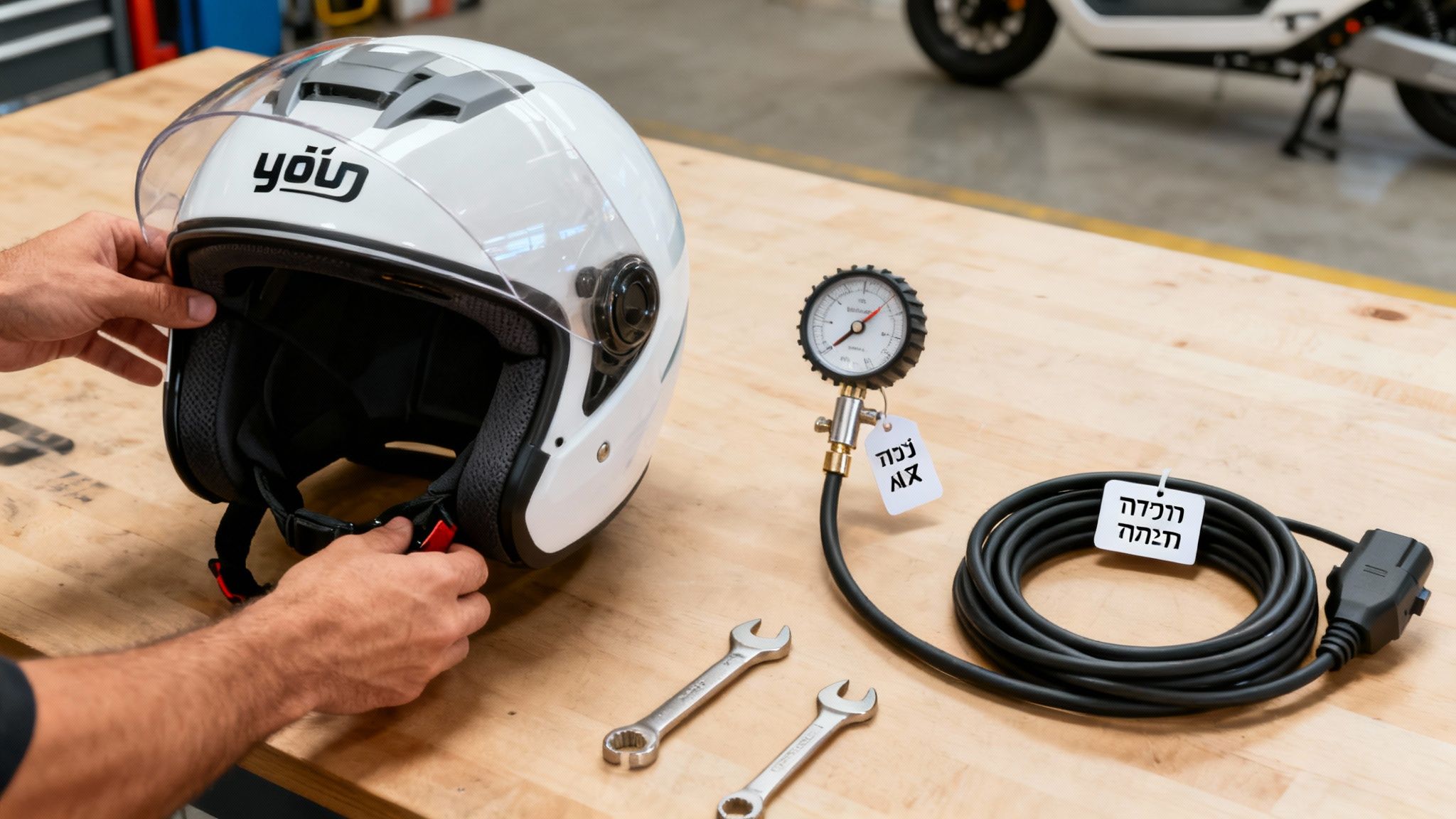 ידיים מכווננות קסדת אופנוע לבנה על שולחן עץ, מוקפות בכלי עבודה וציוד תחזוקה.