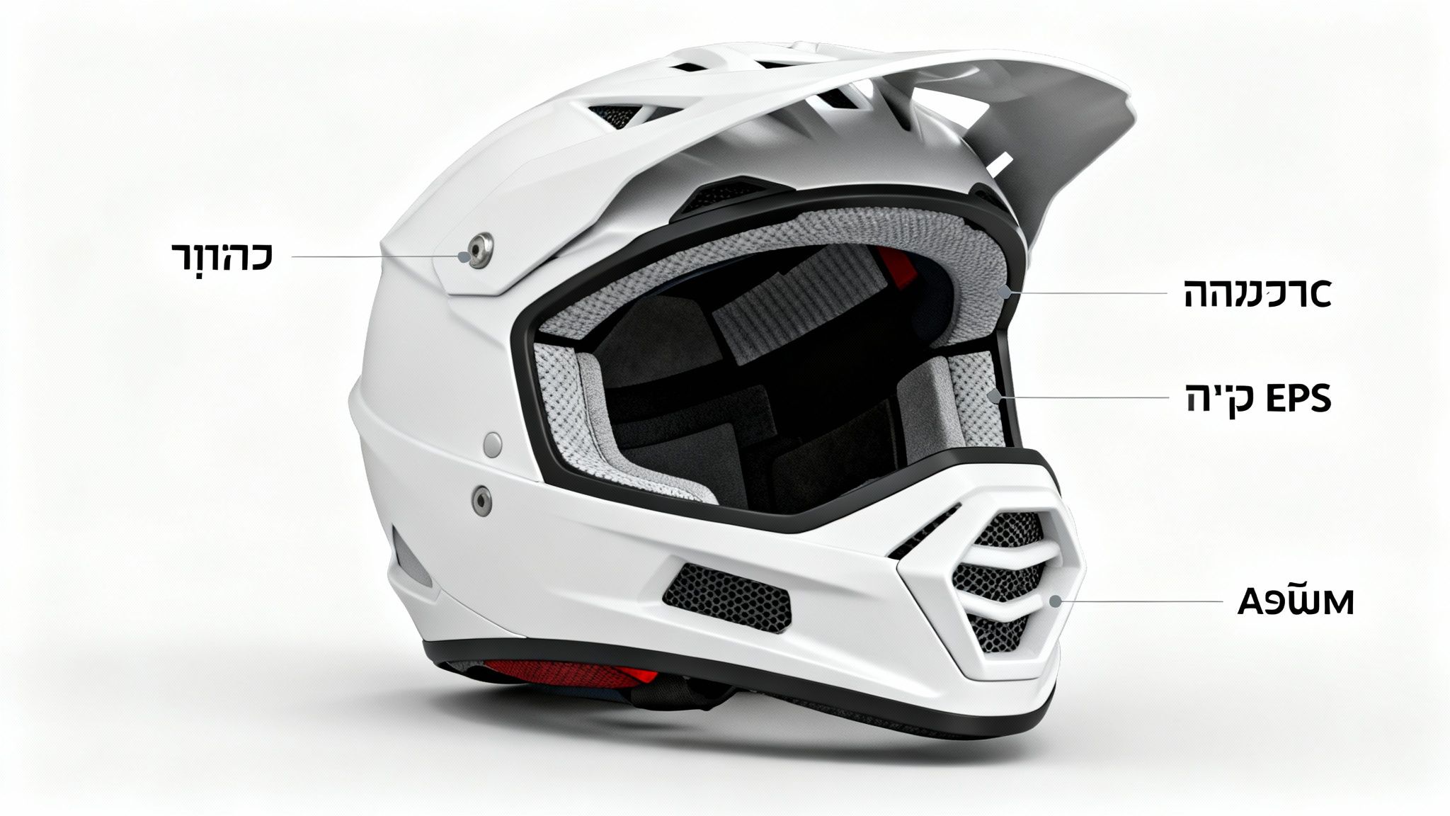 קסדת שטח לבנה המציגה את חלקי הפנים והחוץ, כולל ריפוד EPS פנימי ומערכת אוורור. קסדת בטיחות מקצועית.