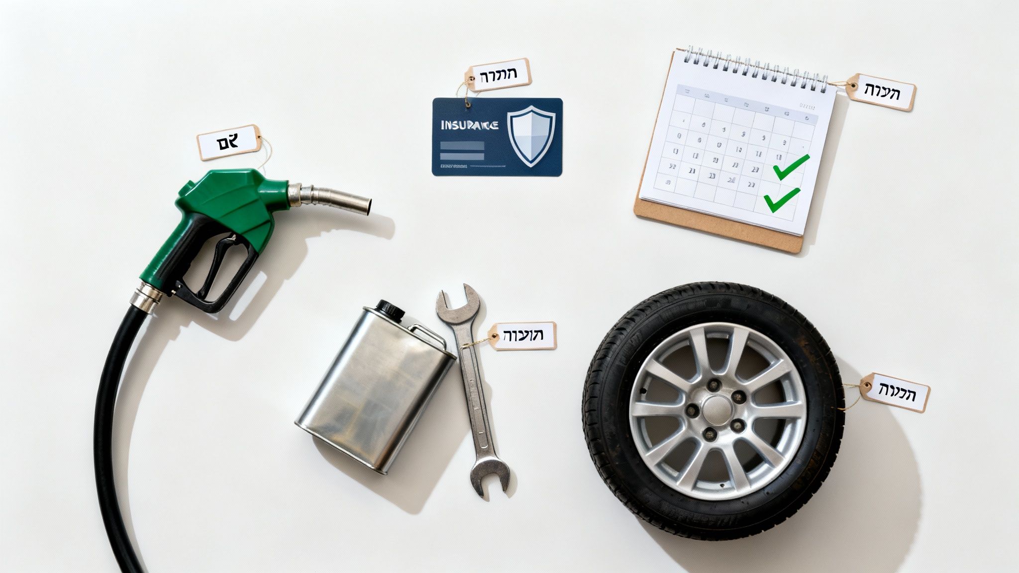 פריסה של פריטים הקשורים לתחזוקת רכב, כולל דלק, כלי עבודה, גלגל, ביטוח ולוח שנה.