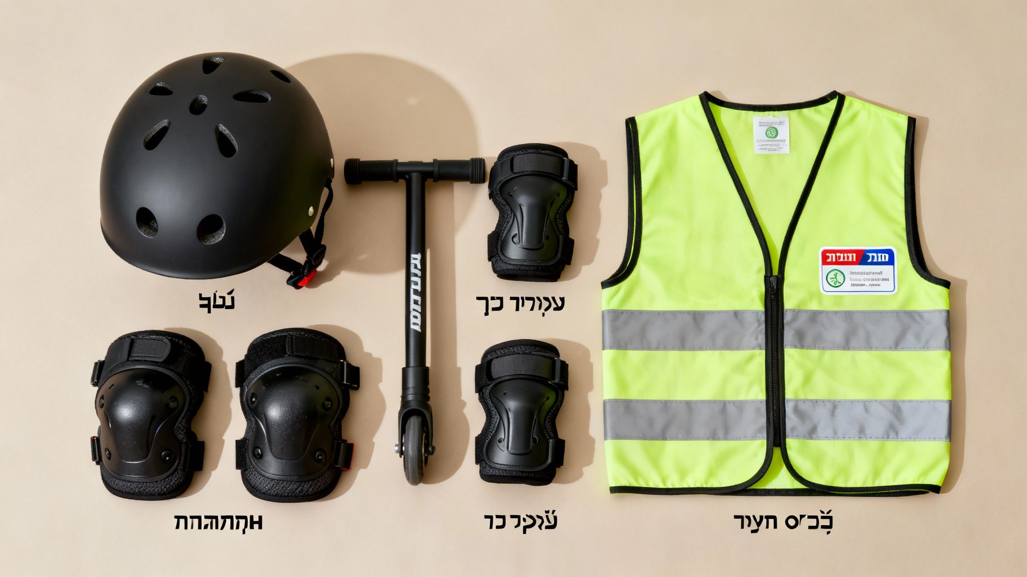 ציוד בטיחות מקיף לילדים רוכבים על קורקינט: קסדה שחורה, מגני ברכיים ומרפקים, ואפוד זוהר.