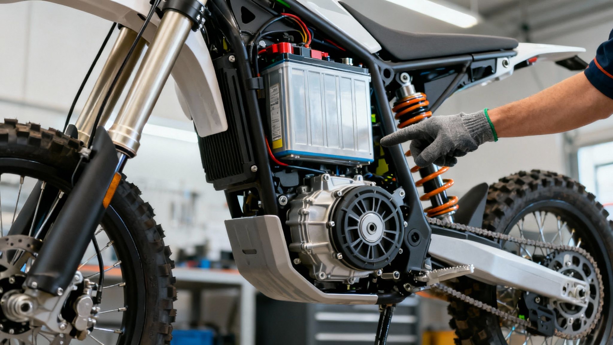 אופנוע שטח חשמלי בתהליך בדיקה או הרכבה בסדנה, טכנאי מצביע על סוללה ומנוע.