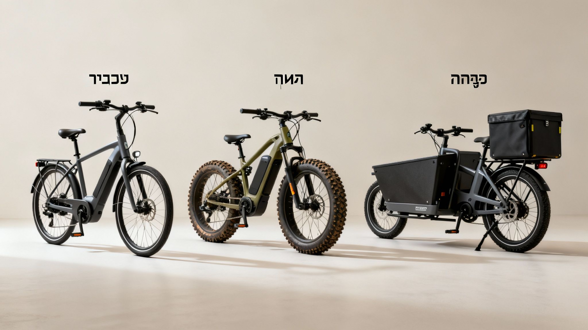 תמונה של שלושה אופניים חשמליים מסוגים שונים: אופני עיר, אופני שטח ואופני מטען, על רקע בהיר.