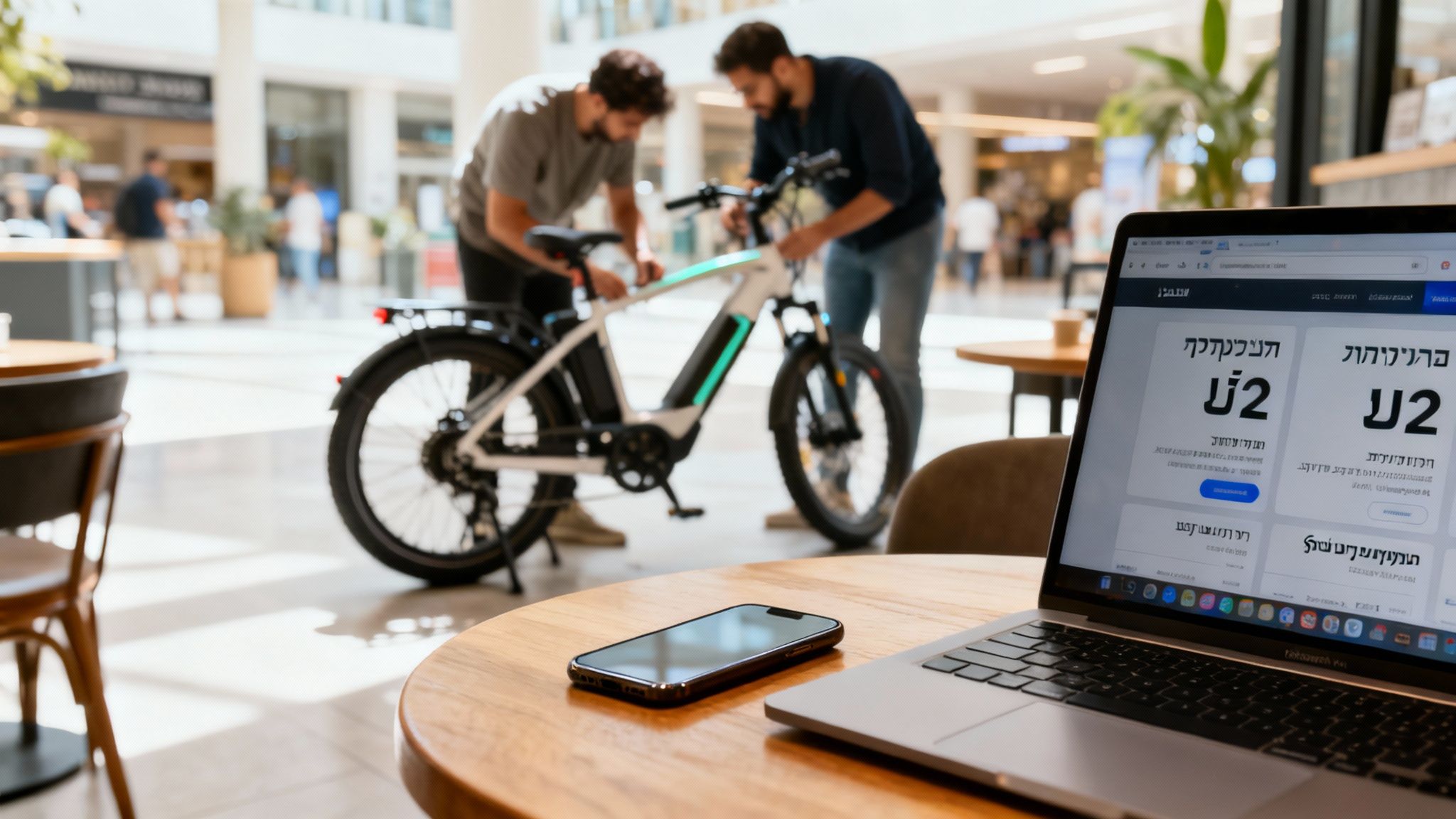 שני גברים מתקנים אופניים חשמליים ברקע, כשבקדמה מחשב נייד עם אתר יד2 וטלפון נייד.