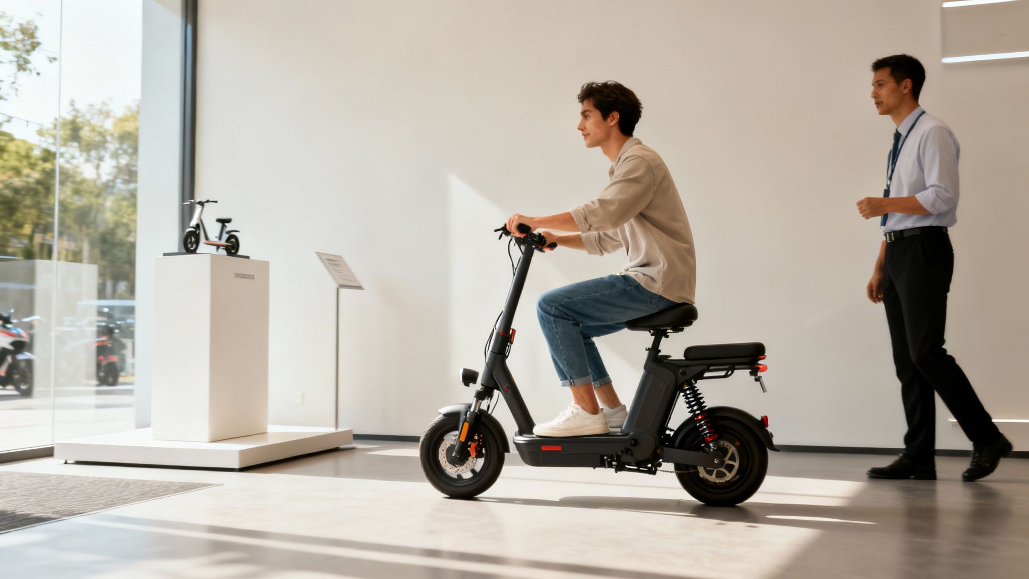 צעיר בוחן קטנוע חשמלי שחור בתצוגה, איש מכירות צועד לצידו באולם תצוגה מודרני ומואר.