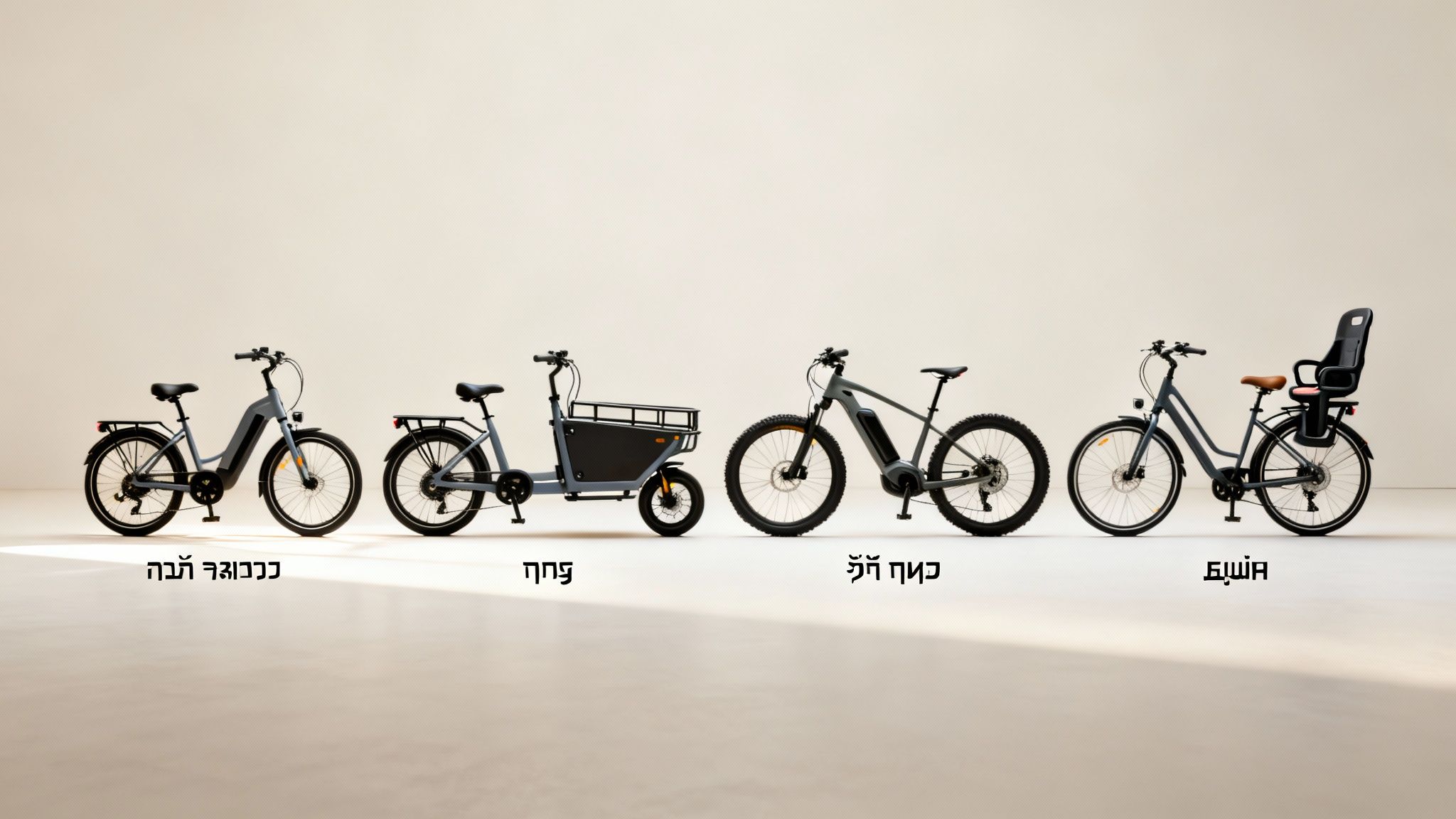 ארבעה דגמים שונים של אופניים חשמליים אפורים, כולל אופני מטען ודגם עם מושב ילד.