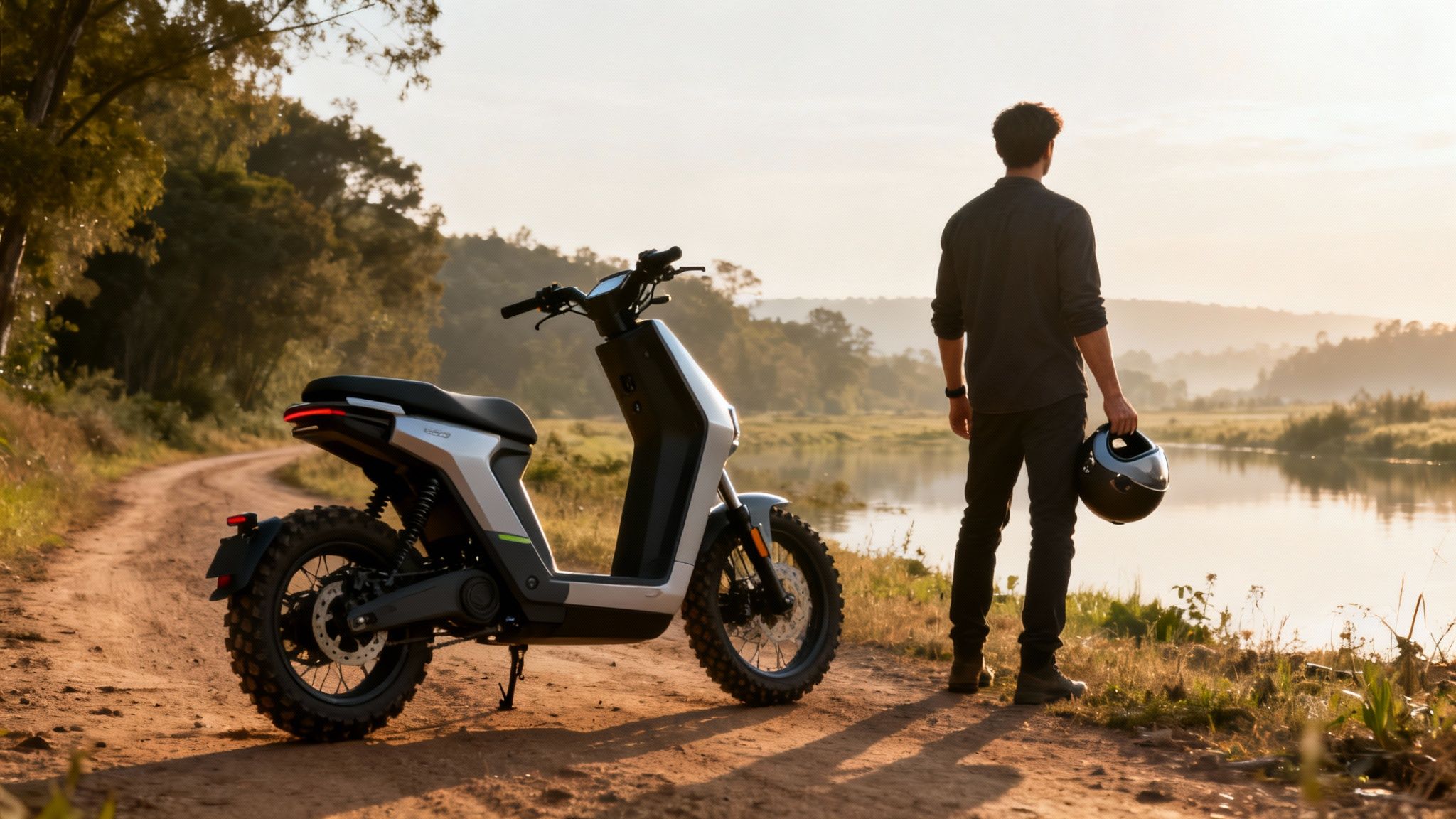 גבר עומד לצד אופנוע שטח חשמלי על שביל עפר, מביט אל אגם ושקיעה יפהפייה.