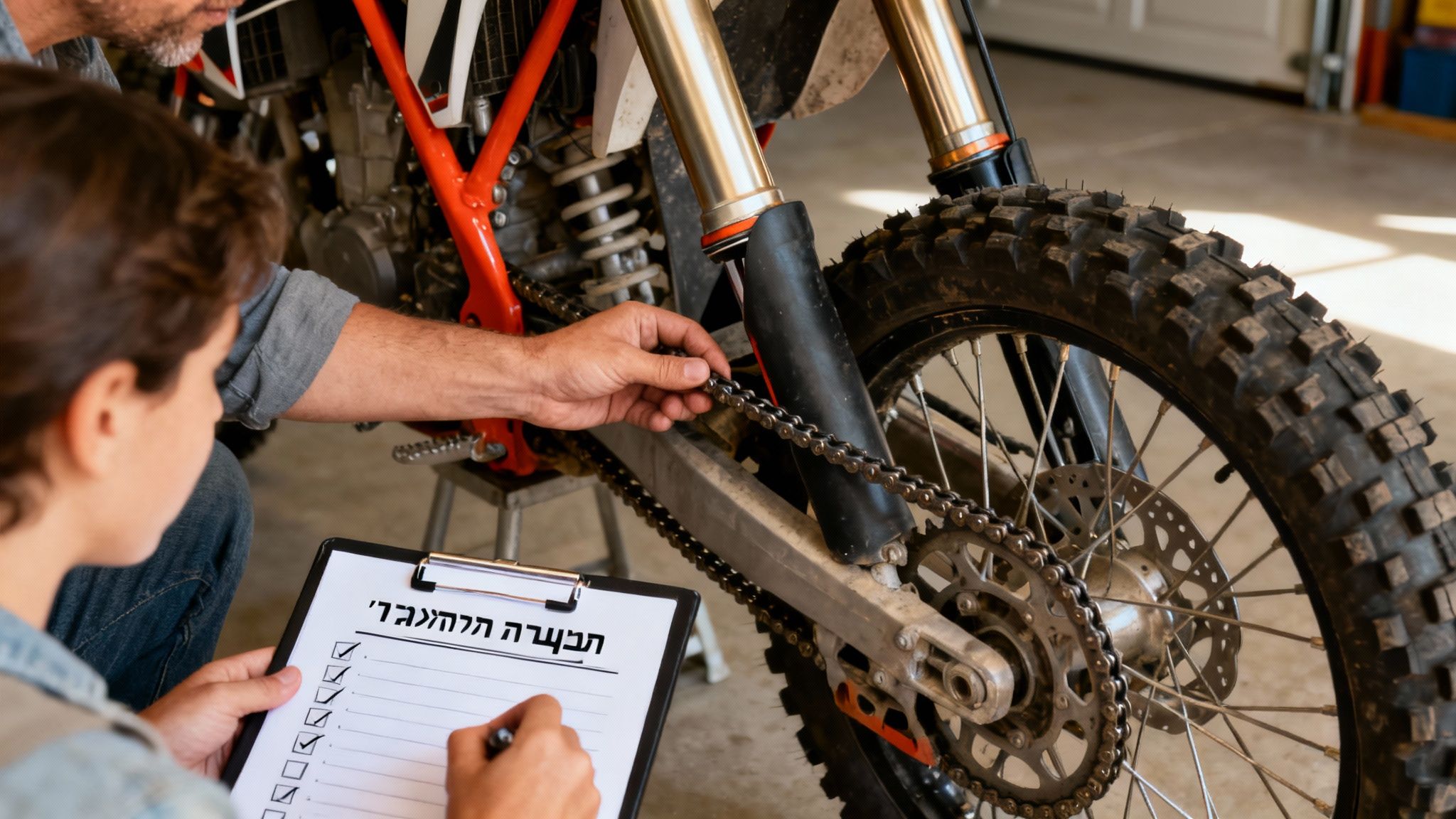 אב וילד בודקים שרשרת של אופנוע שטח במוסך, הילד רושם בטבלת בדיקה.