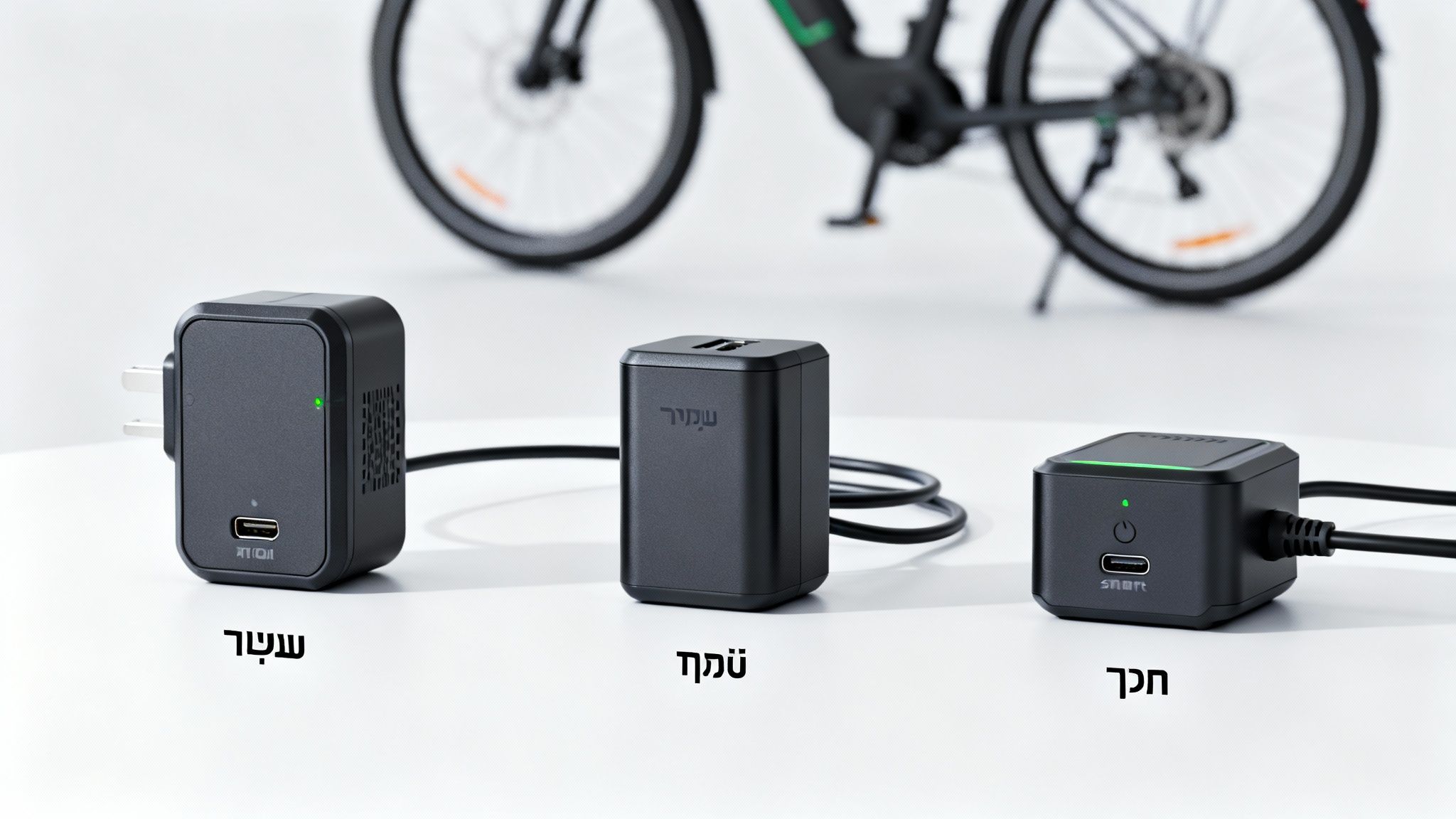 שלושה מטענים שחורים ומודרניים לאופניים חשמליים עם חיבורי USB ותאורת חיווי ירוקה.