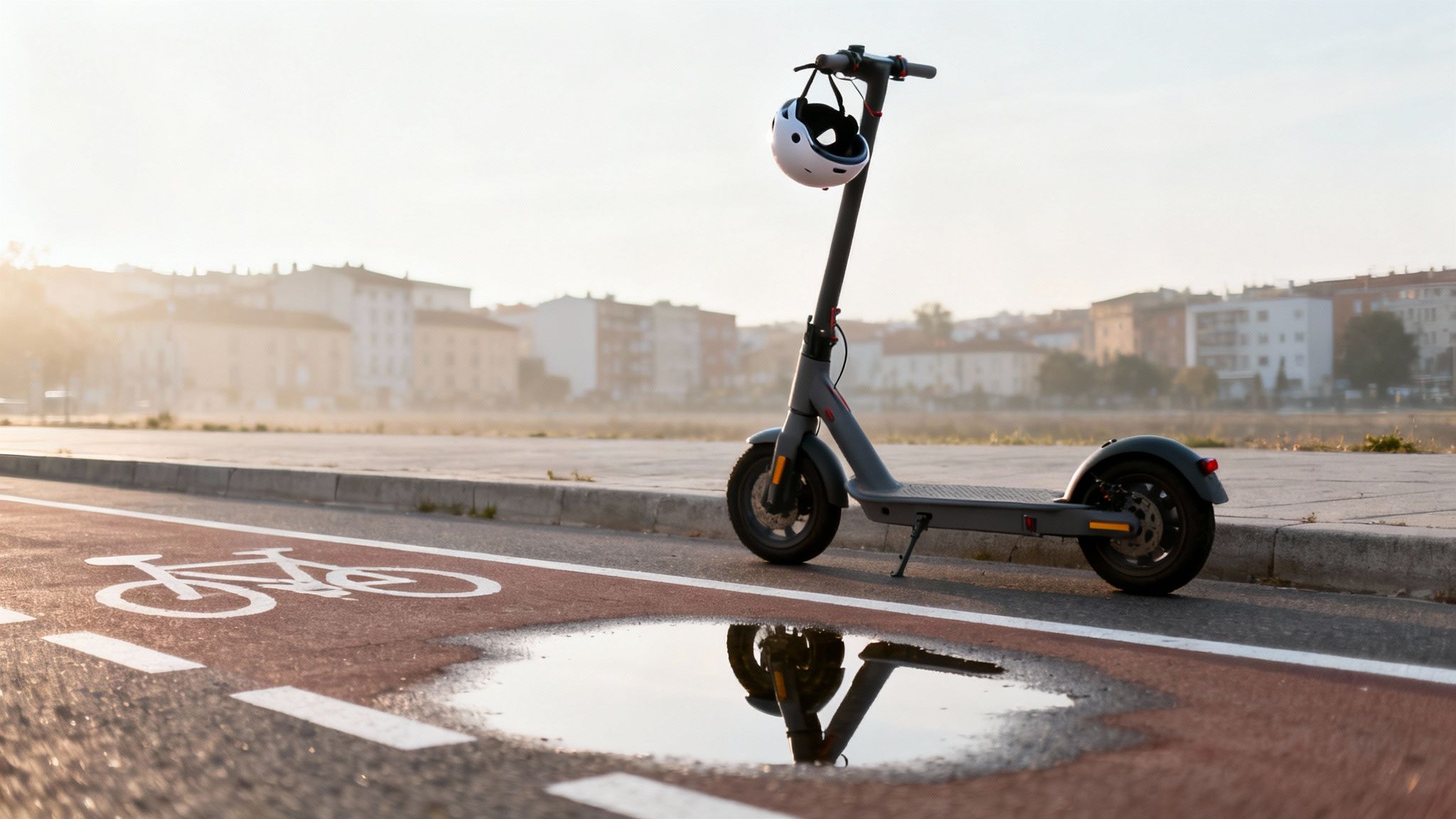 קטנוע חשמלי אפור חונה על המדרכה עם קסדה תלויה, ליד שביל אופניים ושלולית ביום בהיר בעיר.