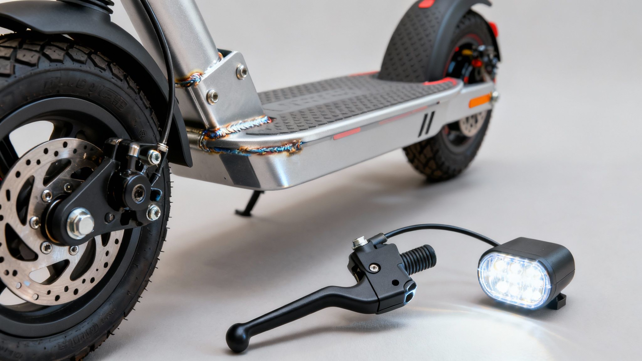 קורקינט חשמלי: גלגל קדמי עם בלם דיסק, ופנס קדמי וידית בלם מפורקים על הרצפה.