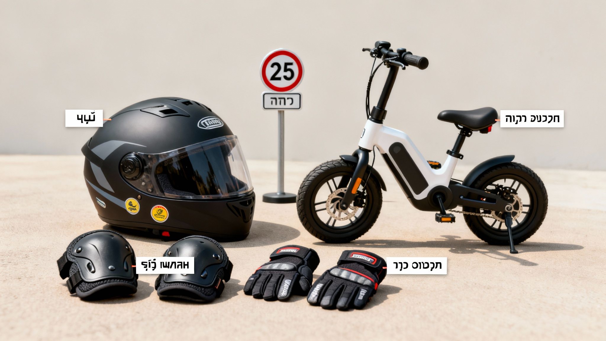 אופניים חשמליים לילדים עם קסדה, מגני ברכיים וכפפות בטיחות לצד שלט מהירות.