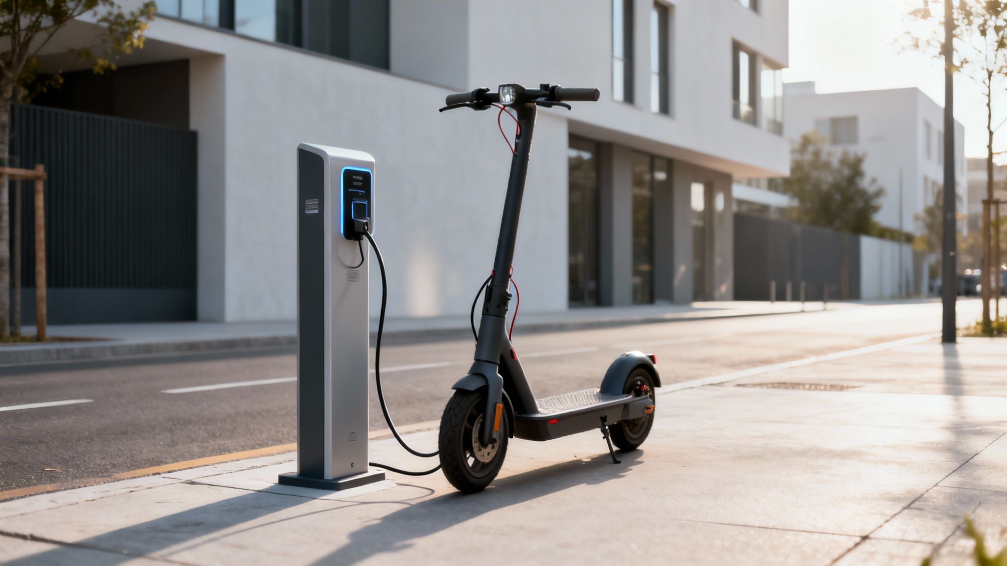 קורקינט חשמלי שחור מחובר לעמדת טעינה כחולה ומוארת ברחוב עירוני.