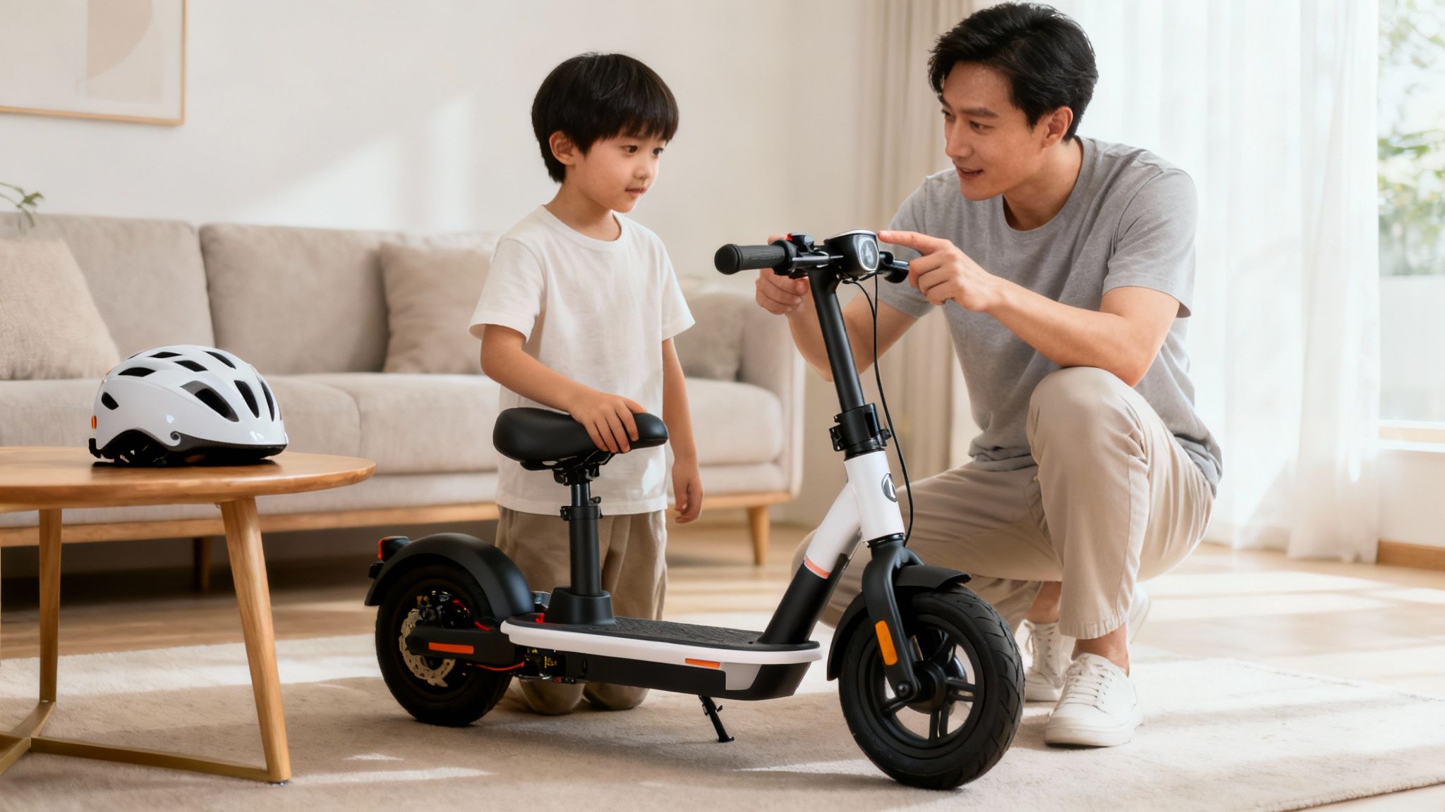 אב ובנו לומדים להשתמש בקטנוע חשמלי לבן בבית מואר, עם קסדה על שולחן קפה.