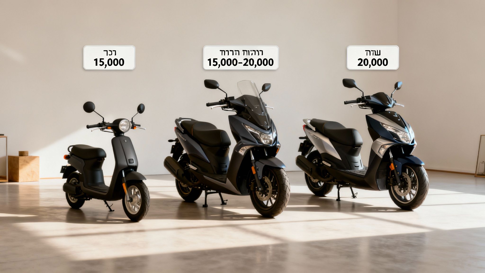 שלושה קטנועים מומלצים מסוגים שונים בצבעים שחור, אפור וכחול, בחדר מואר.