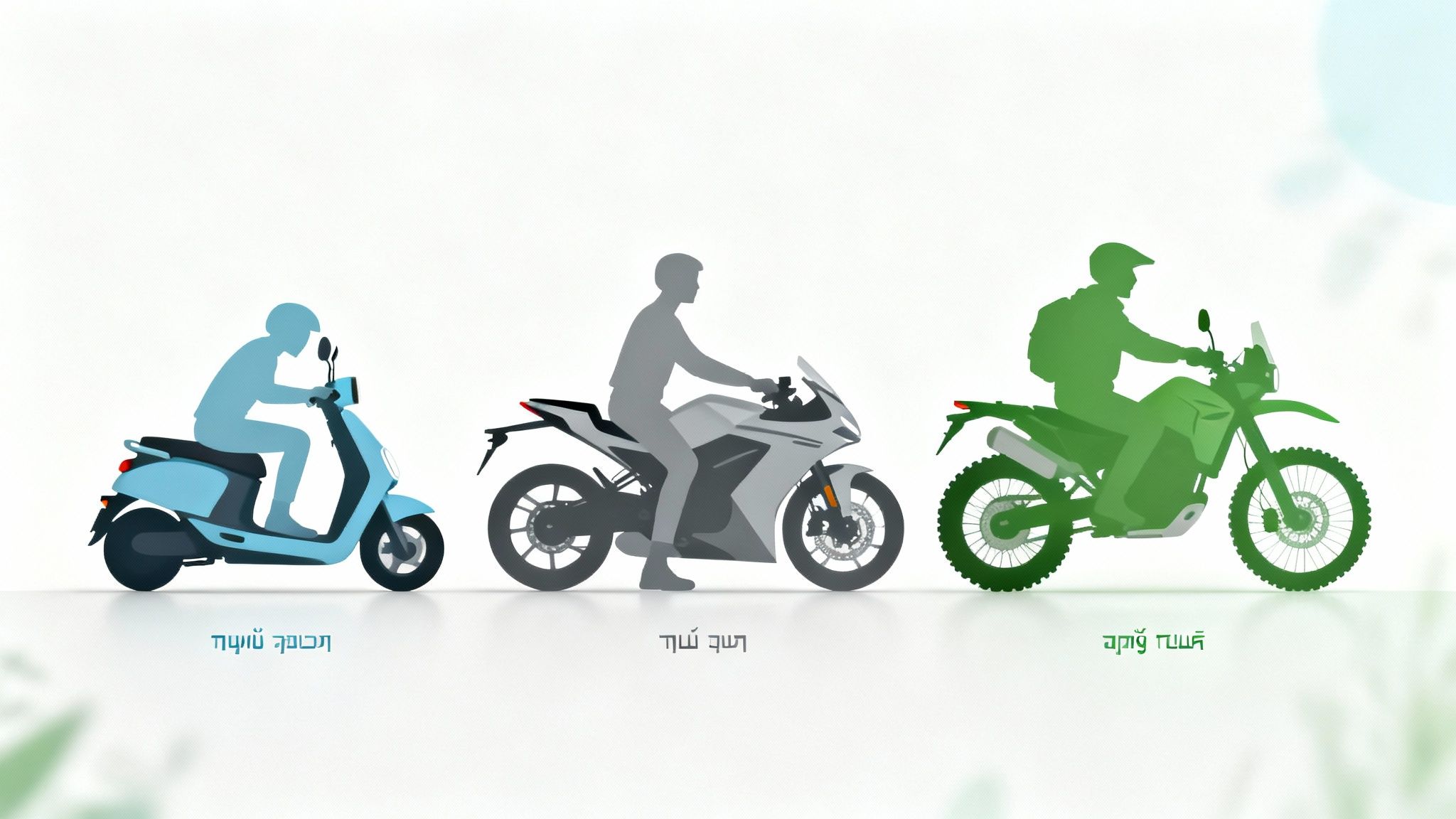 שלושה כלי רכב חשמליים: קטנוע תכלת, אופנוע כביש אפור ואופנוע שטח ירוק, עם רוכבים.