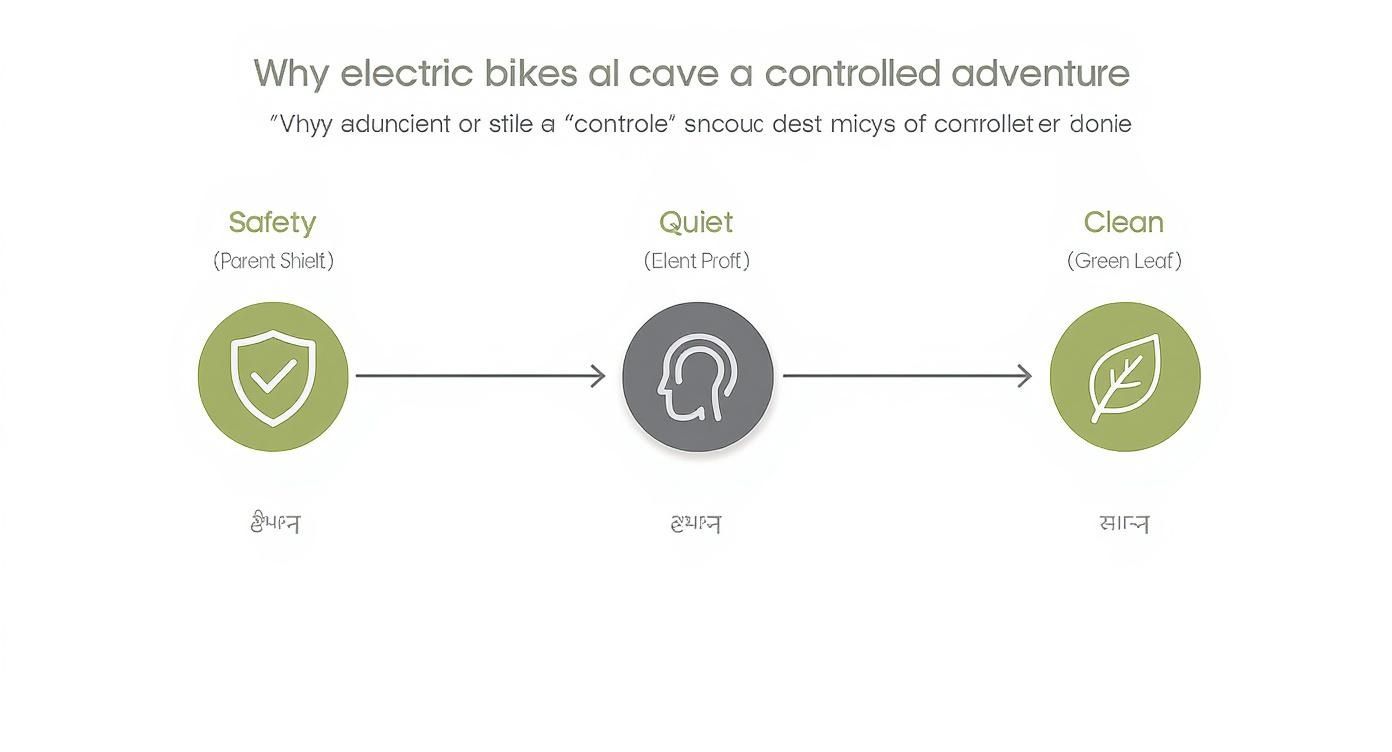 תרשים המציג את היתרונות של אופניים חשמליים: בטיחות, שקט וידידותיות לסביבה.