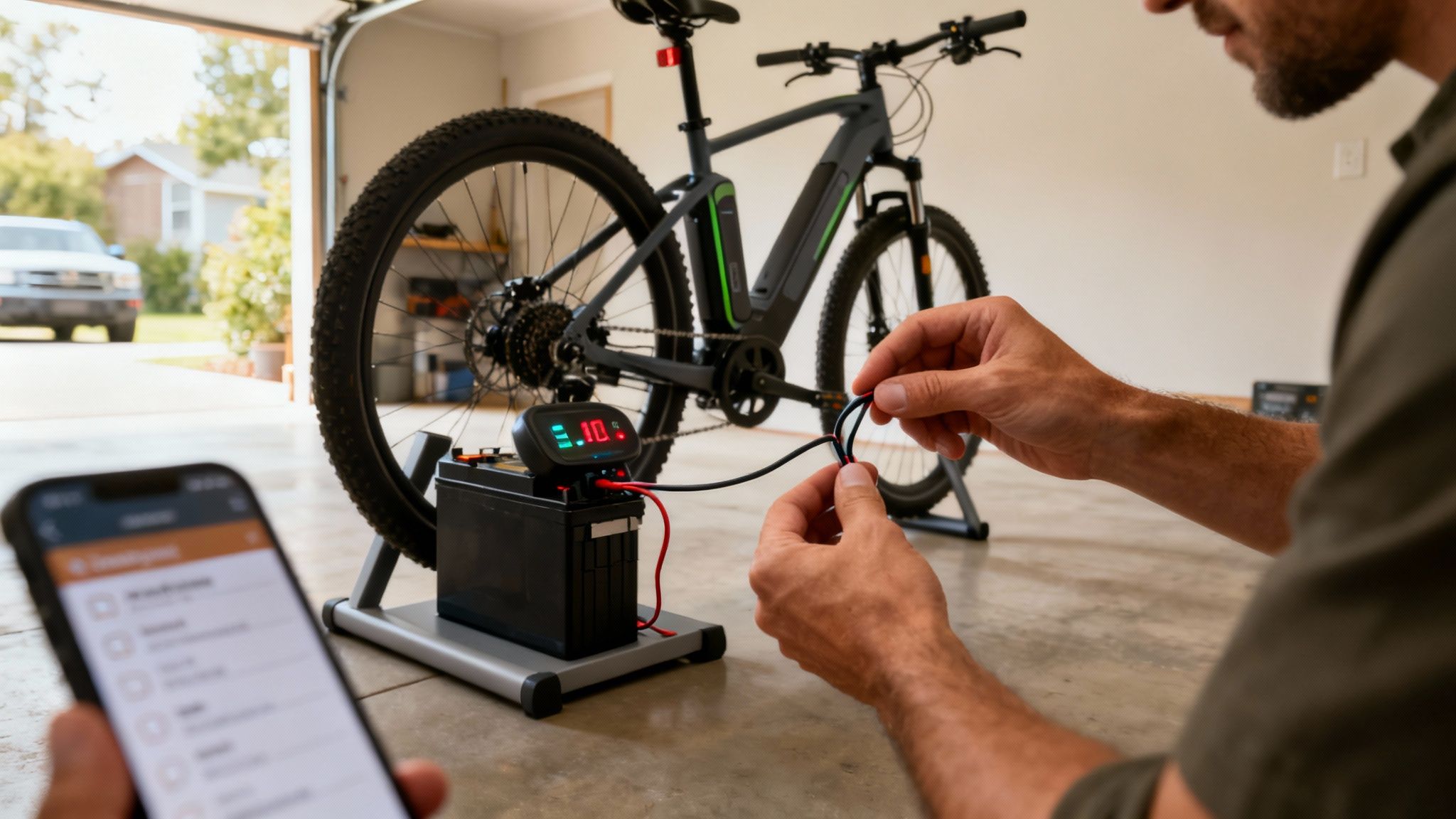 גבר בודק סוללה של אופניים חשמליים במוסך, עם מכשיר טעינה וטלפון חכם.