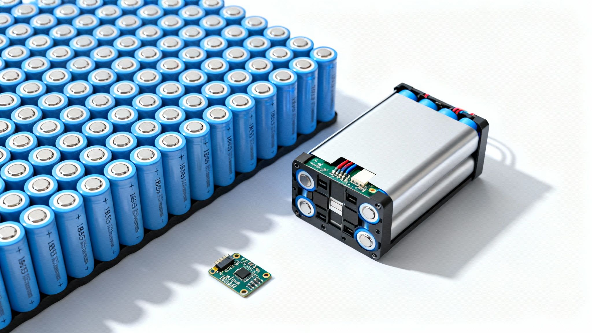 תצוגה מקרוב של תאי סוללה כחולים מרובים, מארז סוללות חשמלי מפורק ורכיב לוח מעגלים. מוצג על רקע לבן.